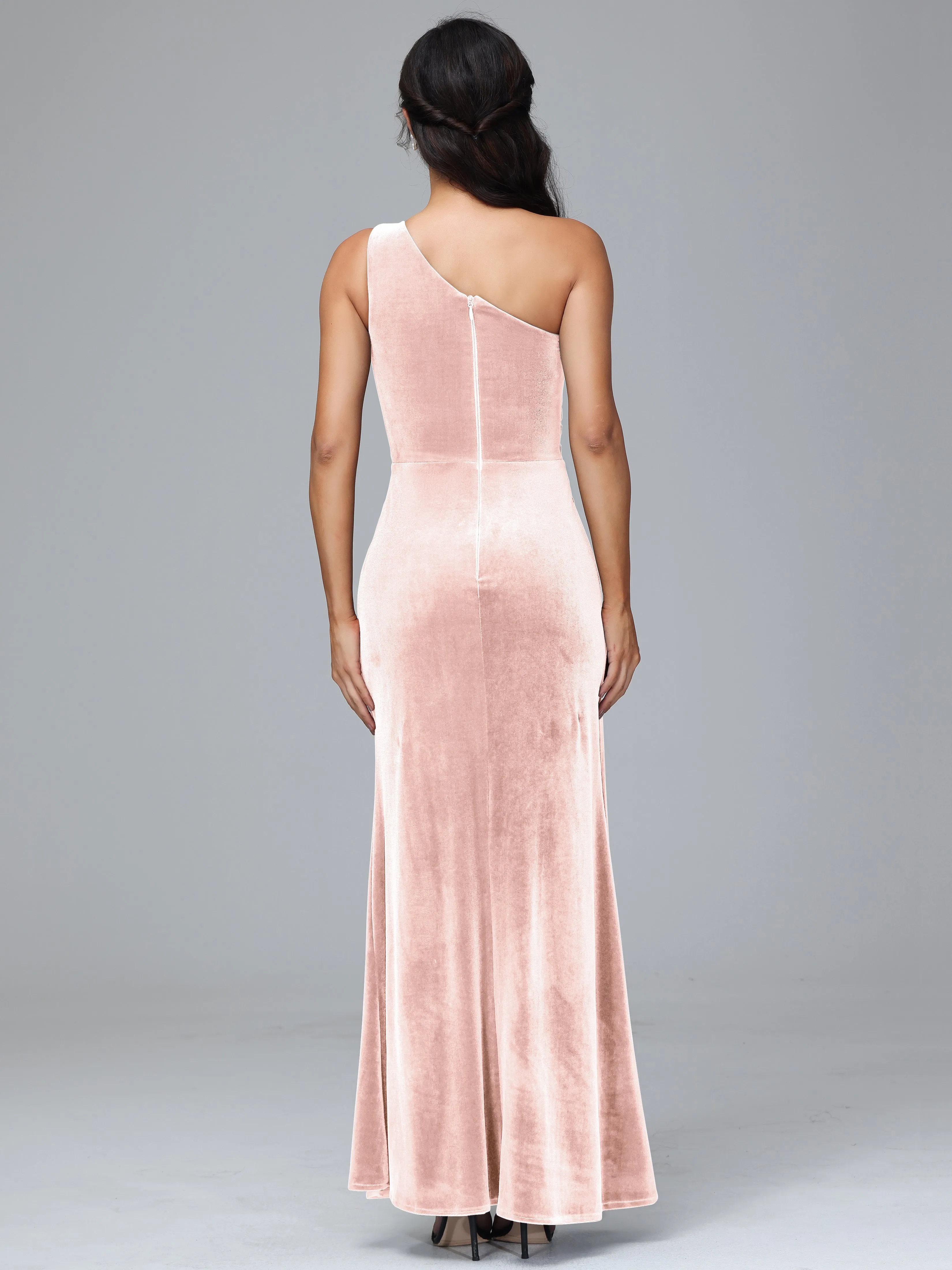 One Shoulder Pleats Long Plus Size Bridesmaid Dresses With Split