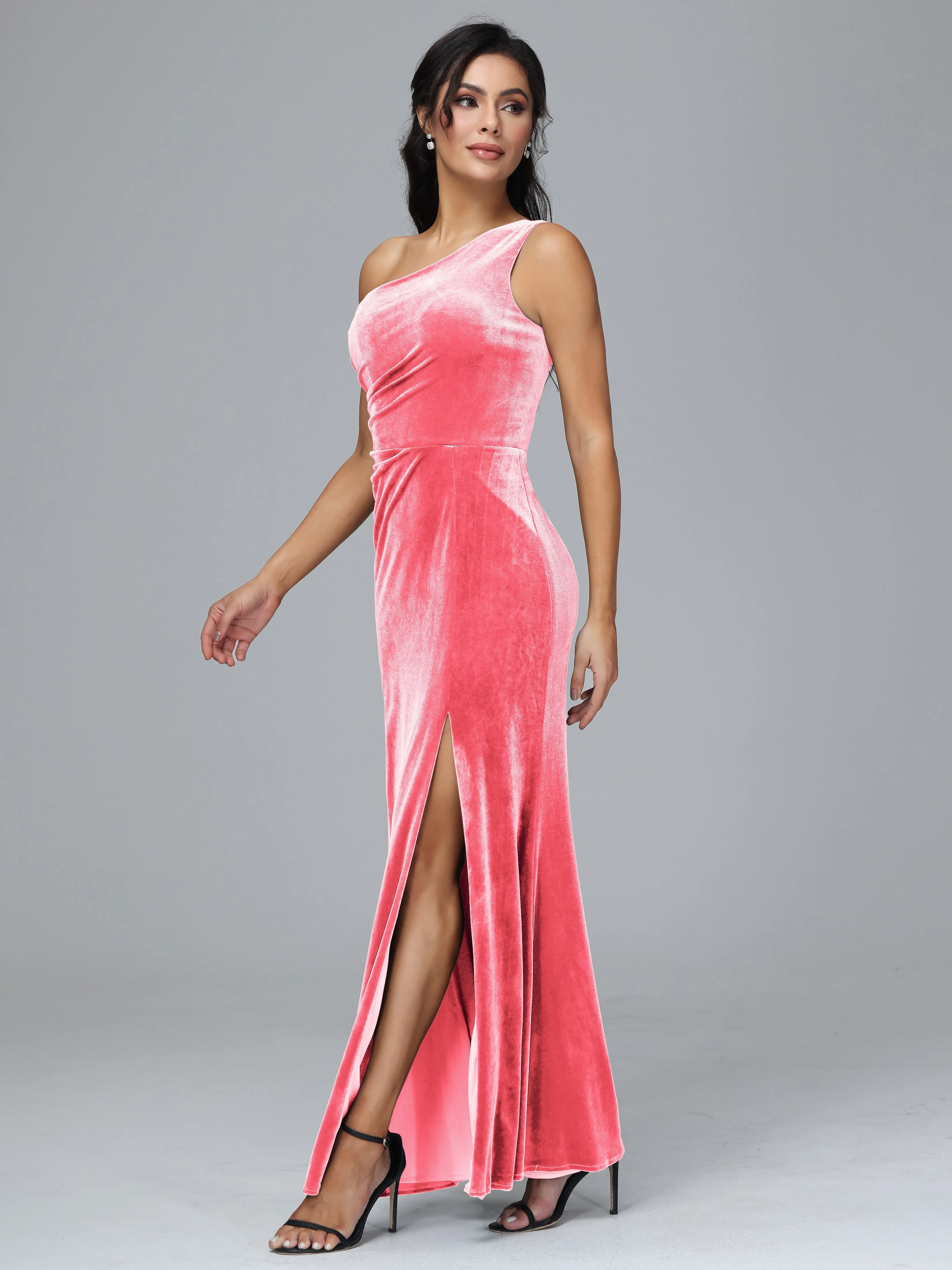 One Shoulder Pleats Long Plus Size Bridesmaid Dresses With Split