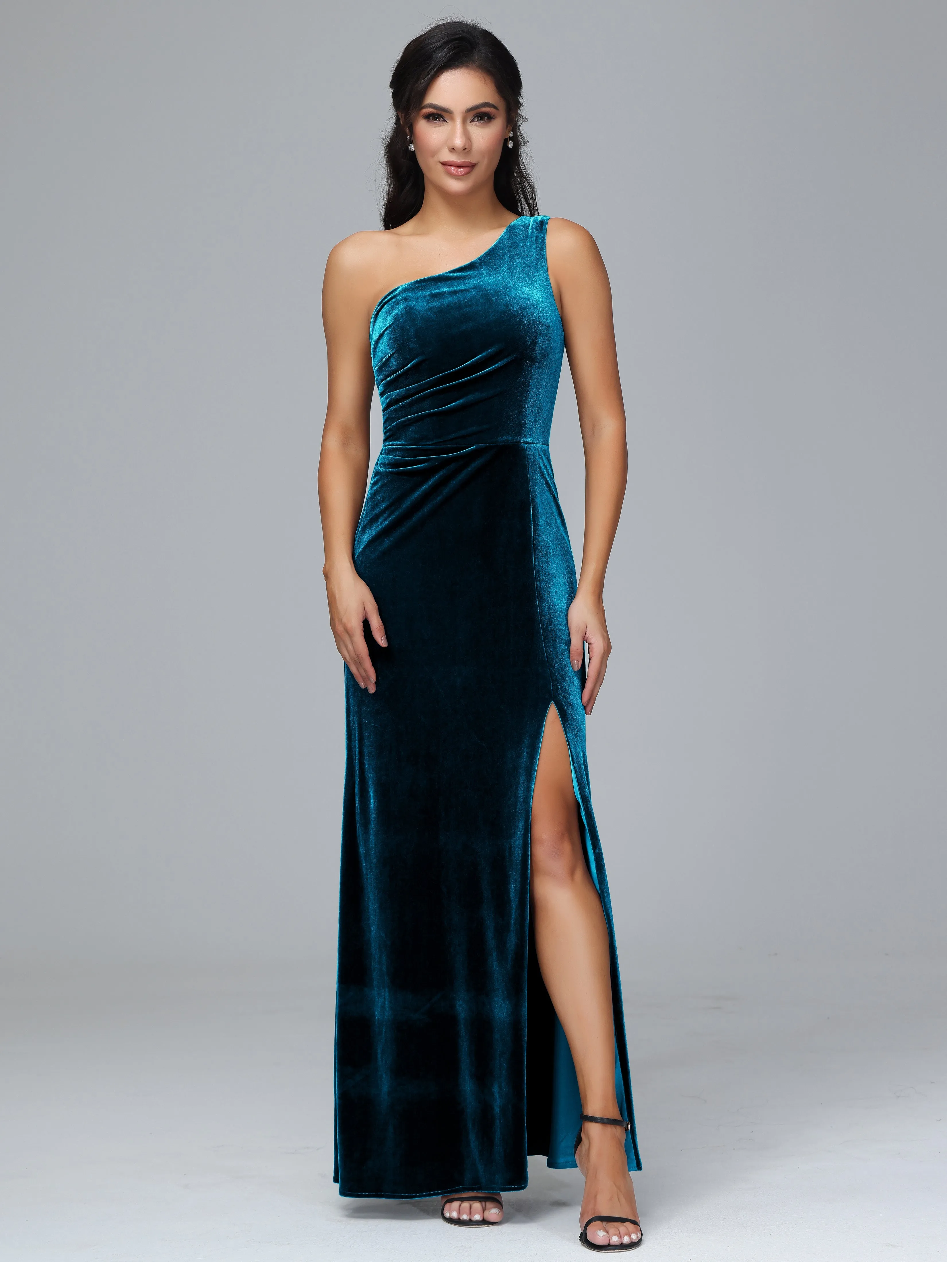 One Shoulder Pleats Long Plus Size Bridesmaid Dresses With Split