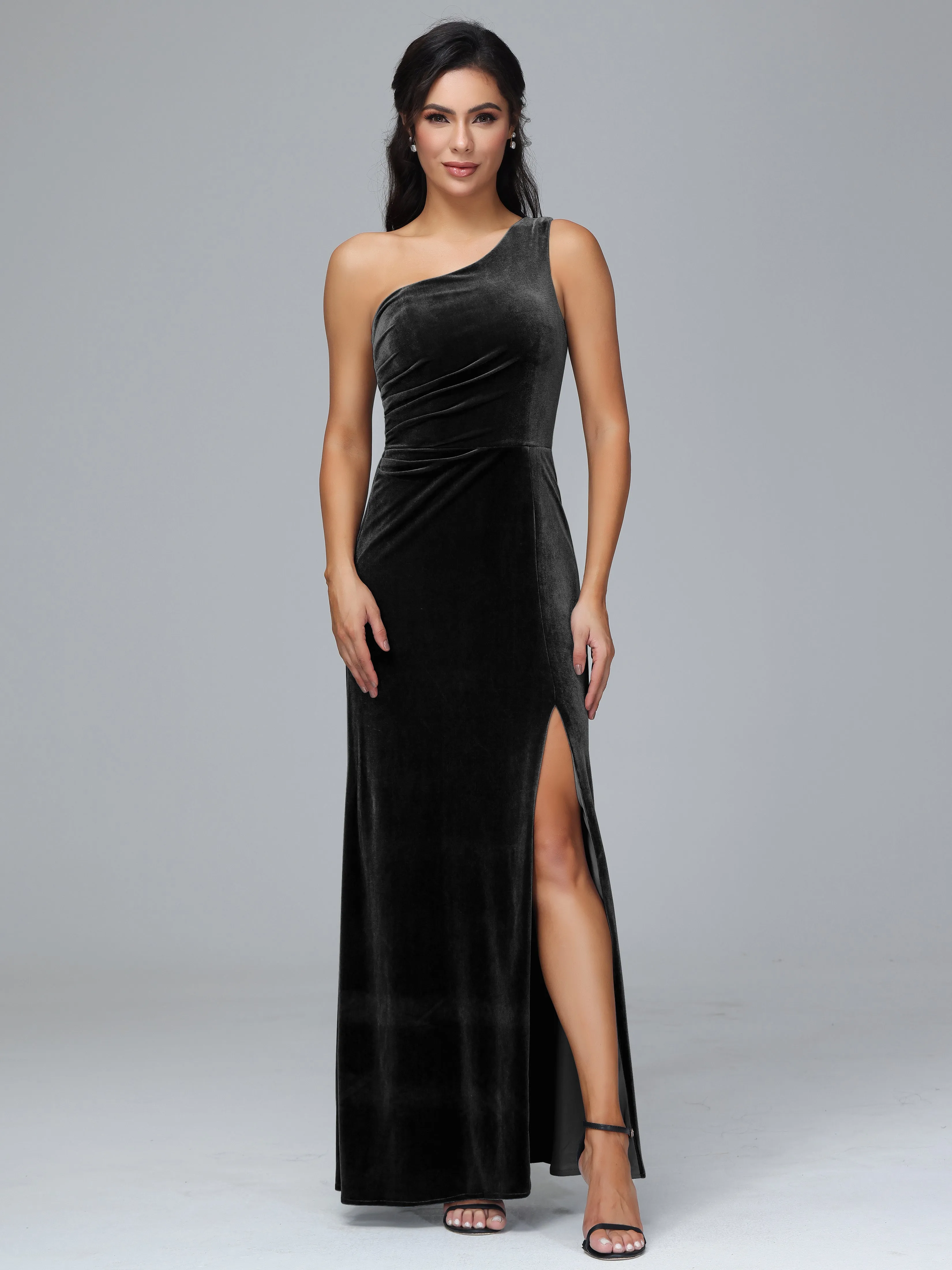 One Shoulder Pleats Long Plus Size Bridesmaid Dresses With Split