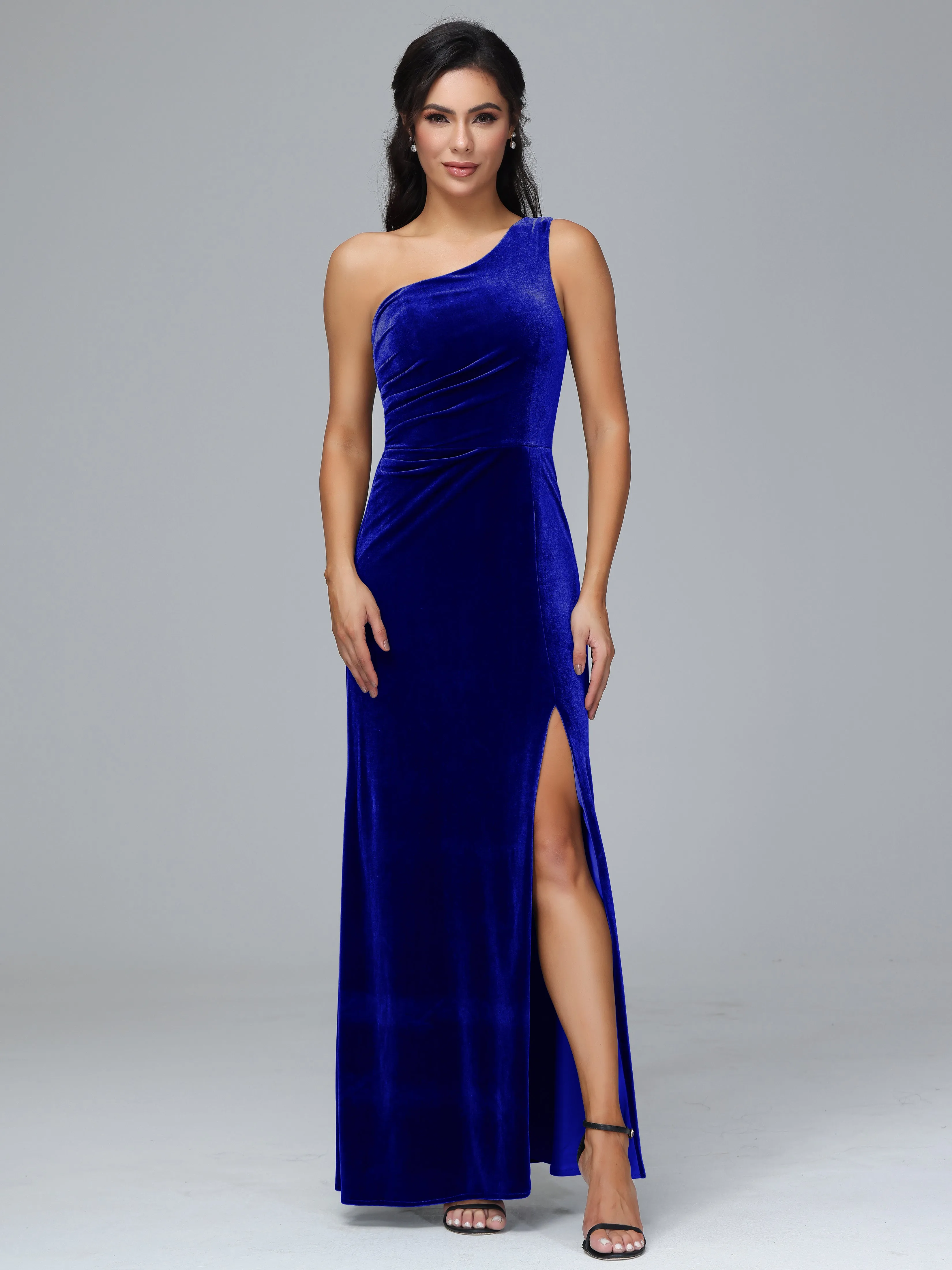 One Shoulder Pleats Long Plus Size Bridesmaid Dresses With Split