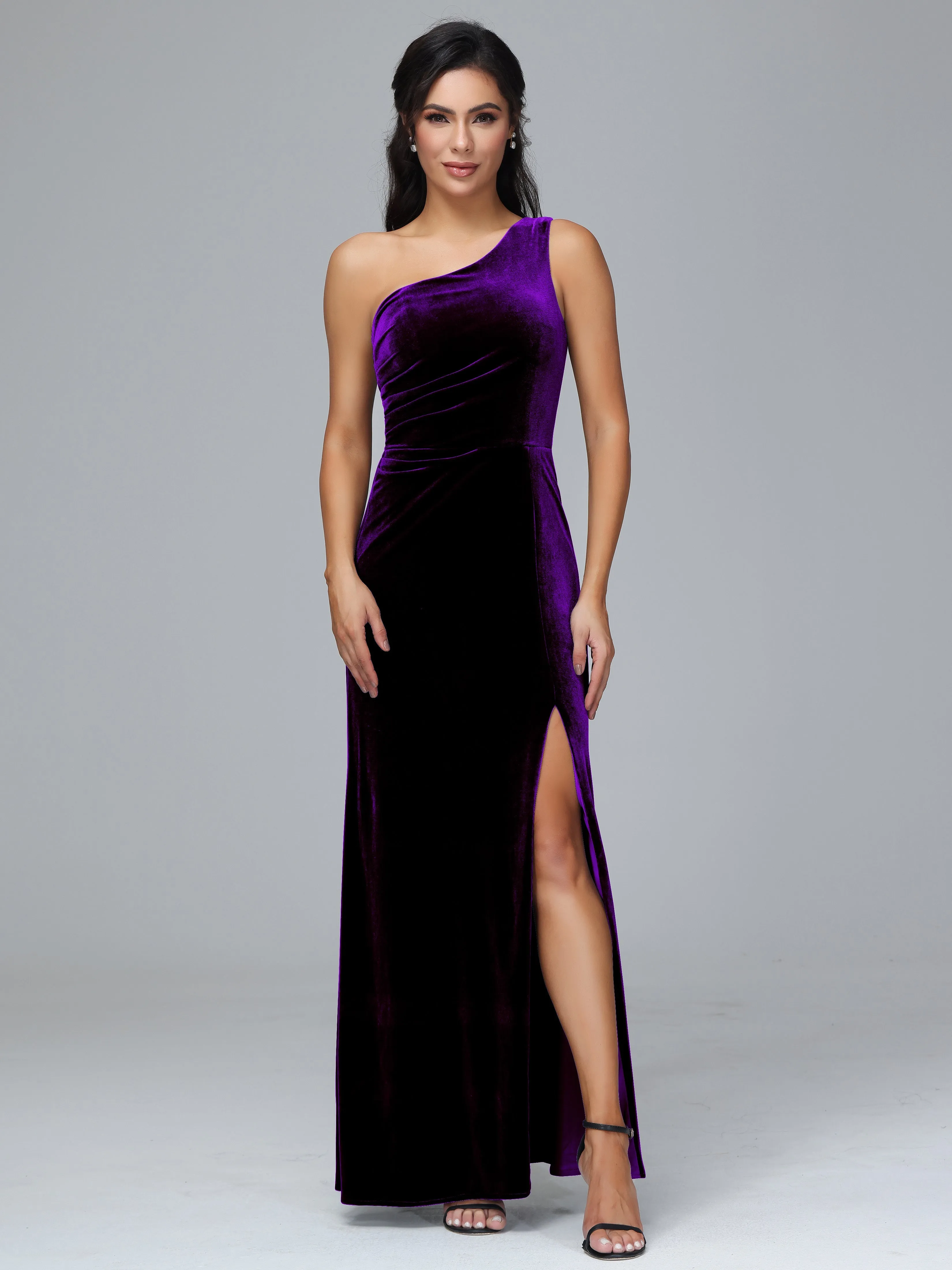 One Shoulder Pleats Long Plus Size Bridesmaid Dresses With Split