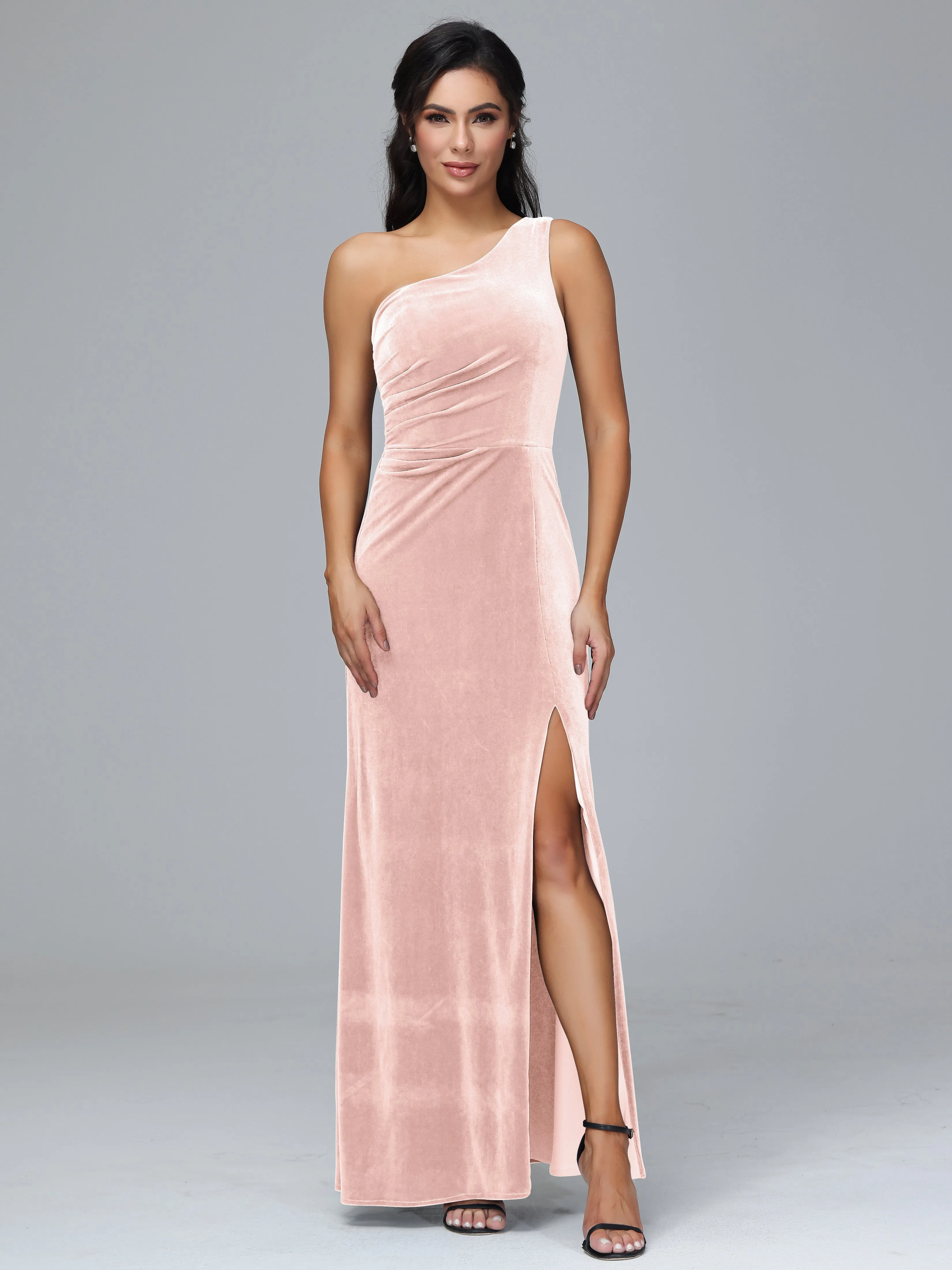 One Shoulder Pleats Long Plus Size Bridesmaid Dresses With Split