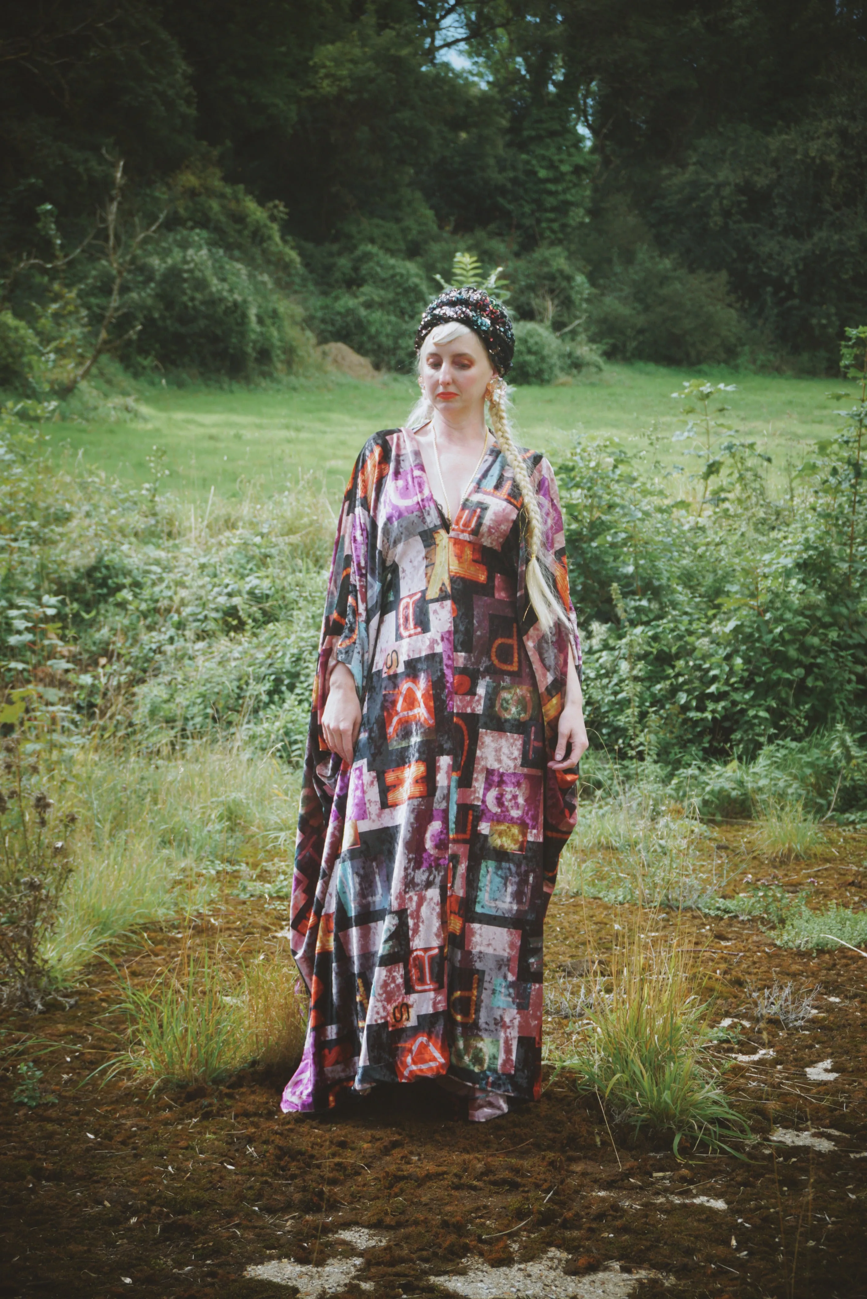 Opulent Velvet Autumn colors alphabet Print Velvet kaftan Gown