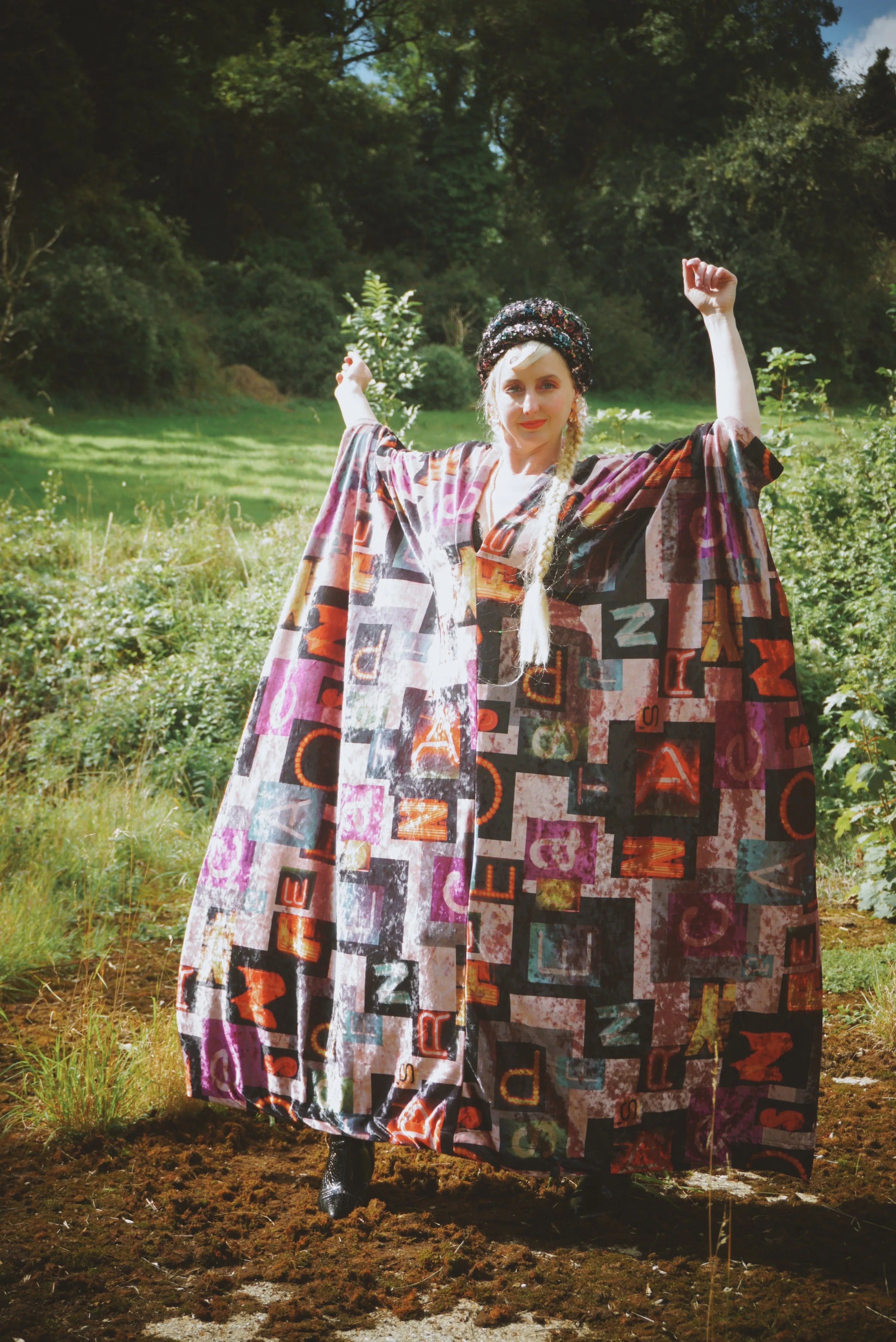 Opulent Velvet Autumn colors alphabet Print Velvet kaftan Gown