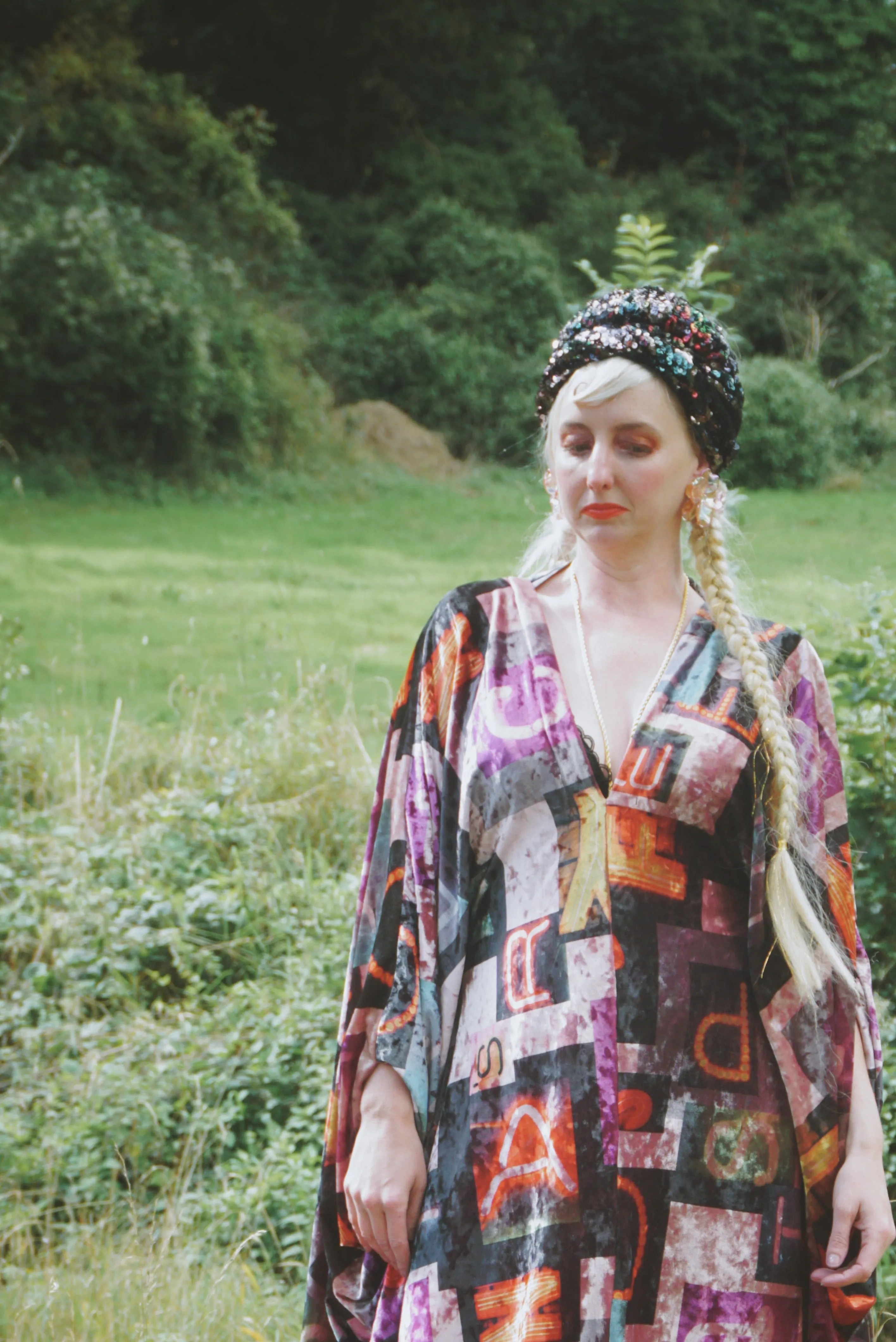 Opulent Velvet Autumn colors alphabet Print Velvet kaftan Gown
