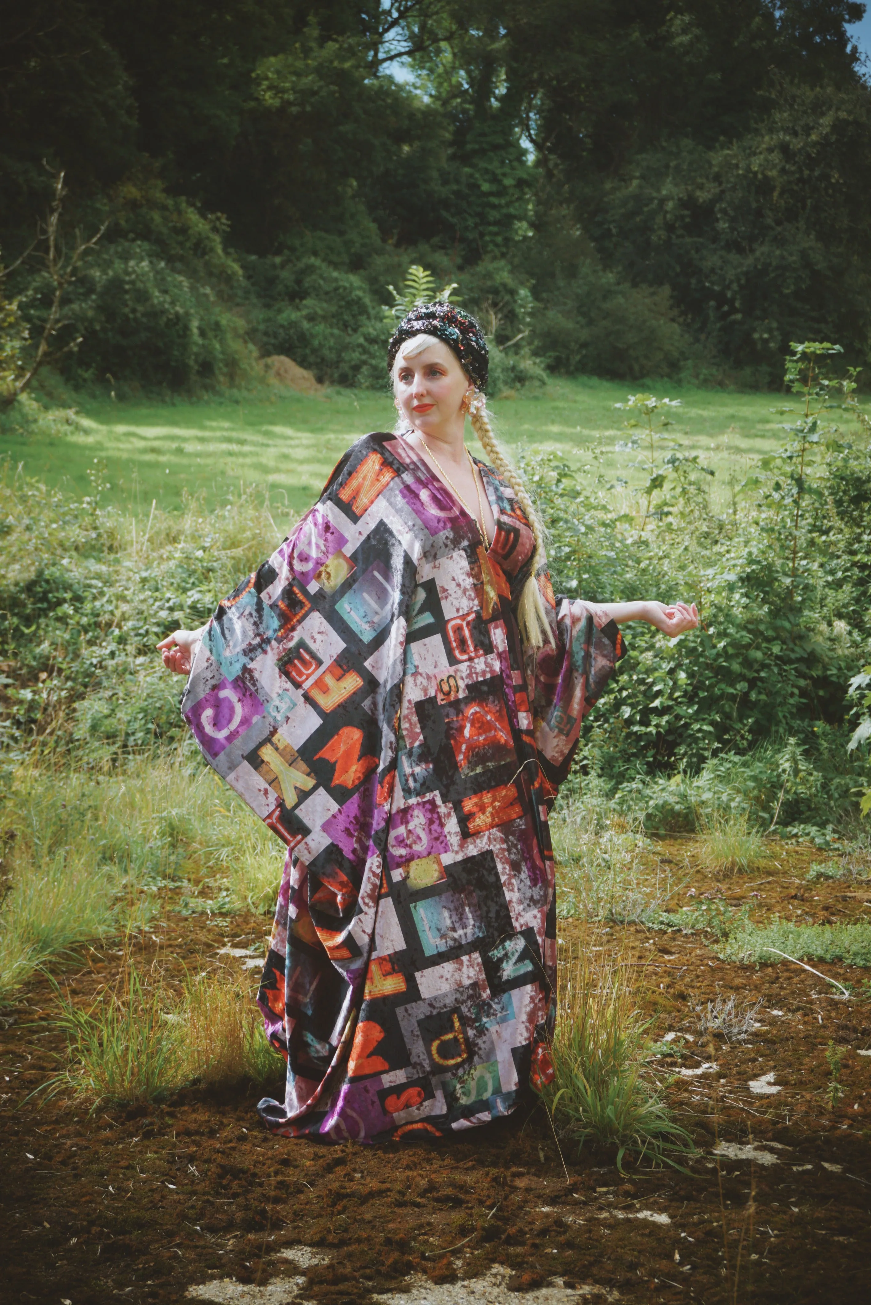 Opulent Velvet Autumn colors alphabet Print Velvet kaftan Gown