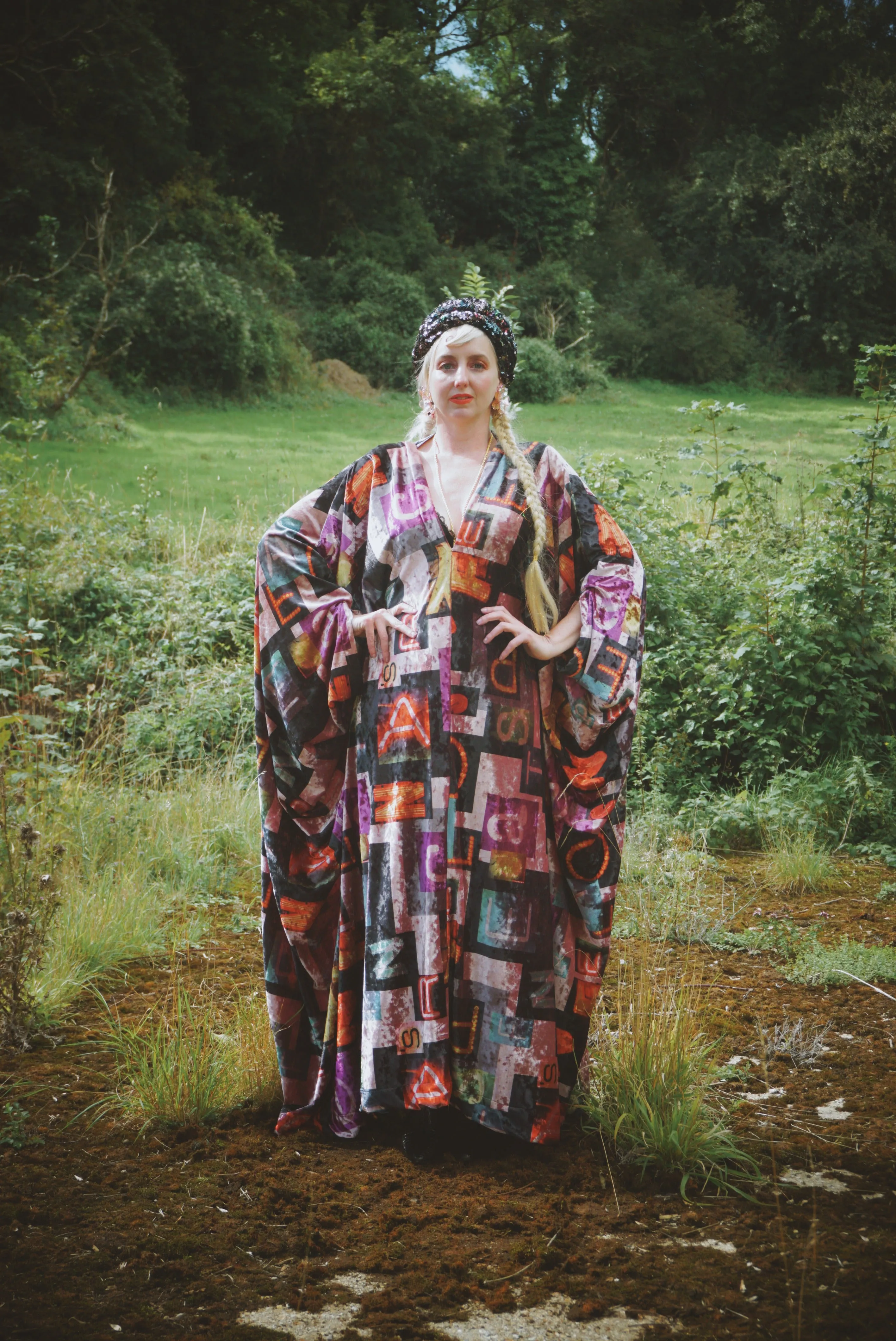 Opulent Velvet Autumn colors alphabet Print Velvet kaftan Gown