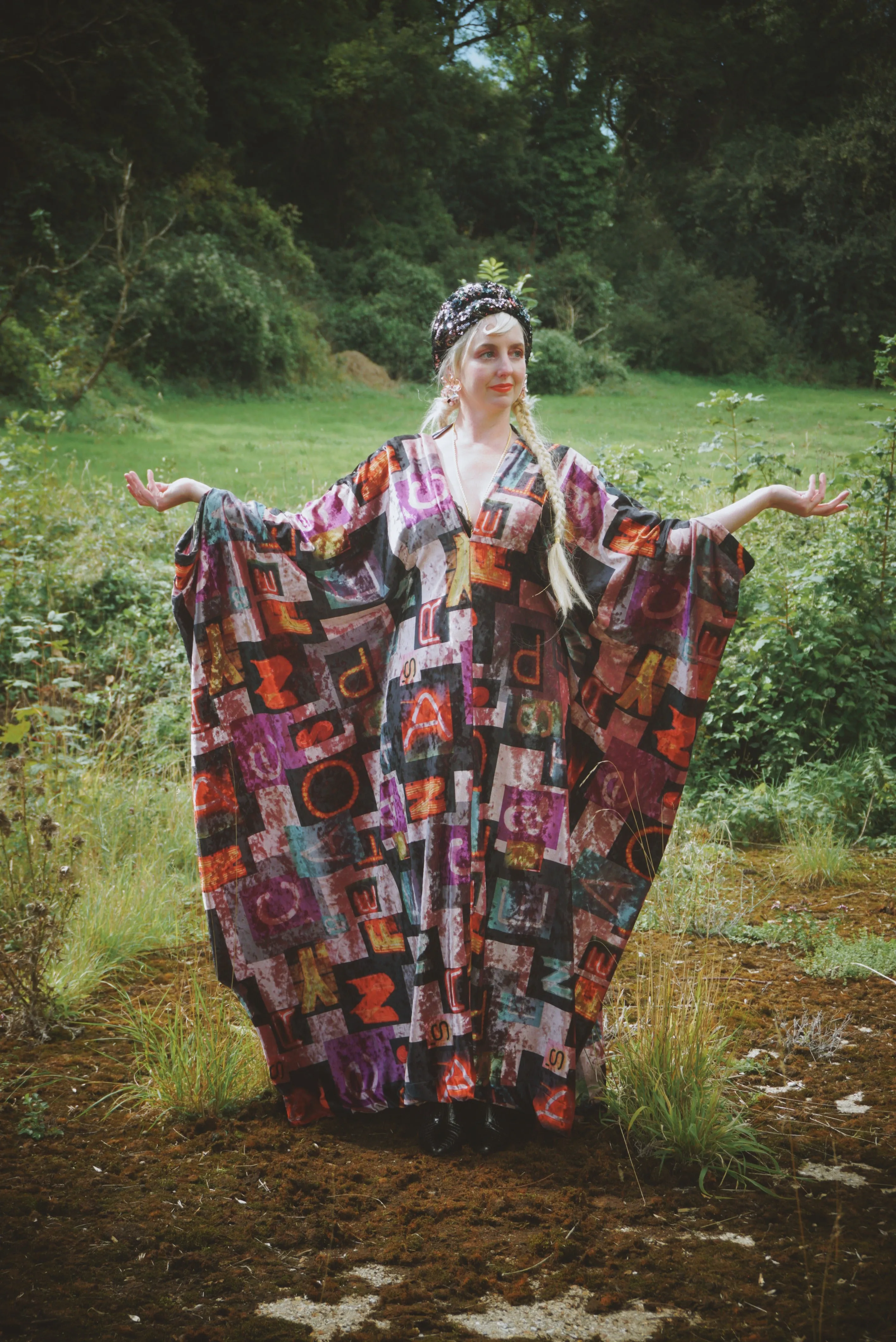 Opulent Velvet Autumn colors alphabet Print Velvet kaftan Gown