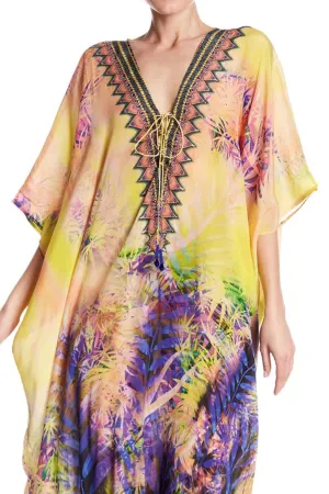 Palm Print Short kaftan Dress in yellow