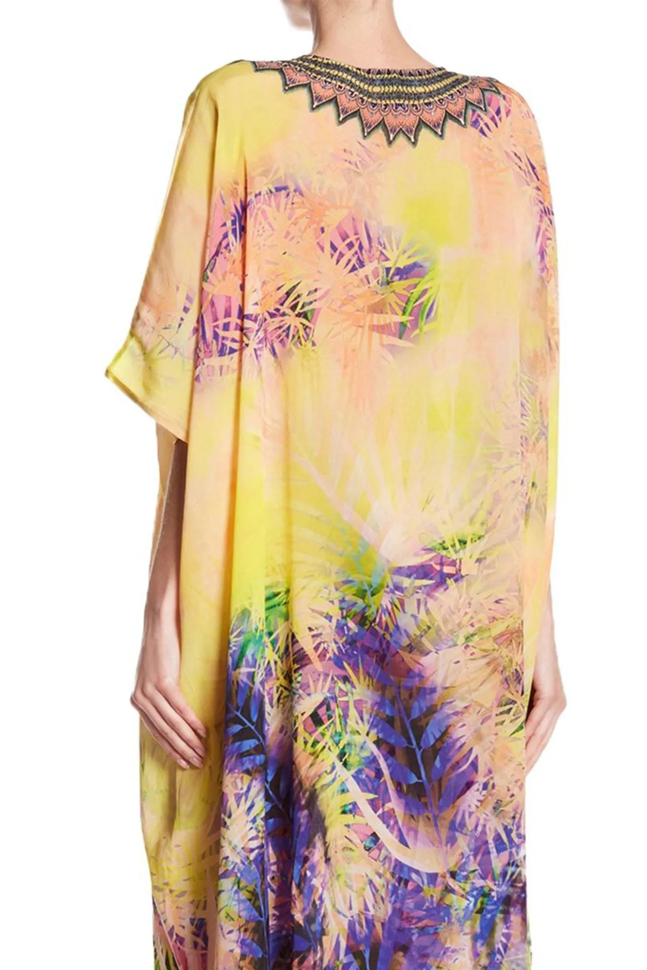 Palm Print Short kaftan Dress in yellow