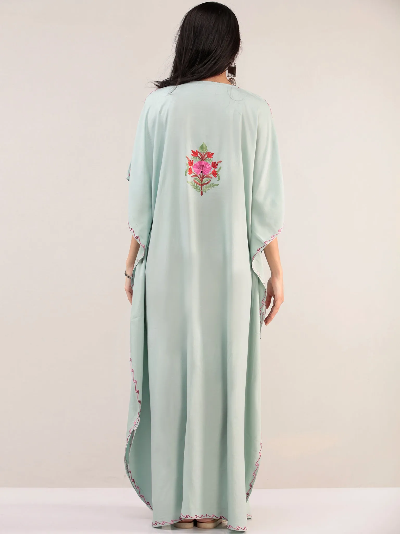 Pastel Green Aari Embroidered Kashmere Free Size Kaftan  - K12K058