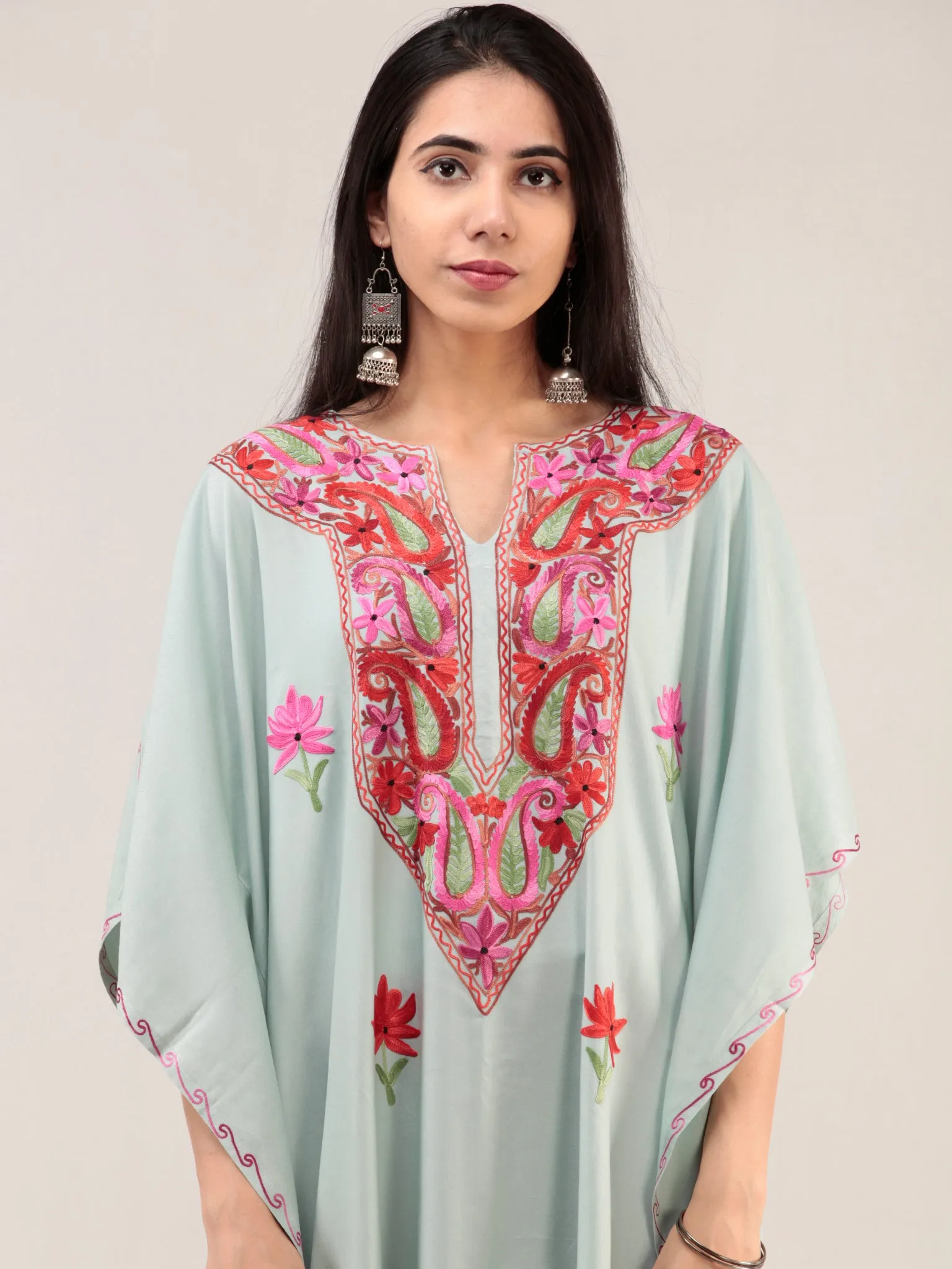 Pastel Green Aari Embroidered Kashmere Free Size Kaftan  - K12K058