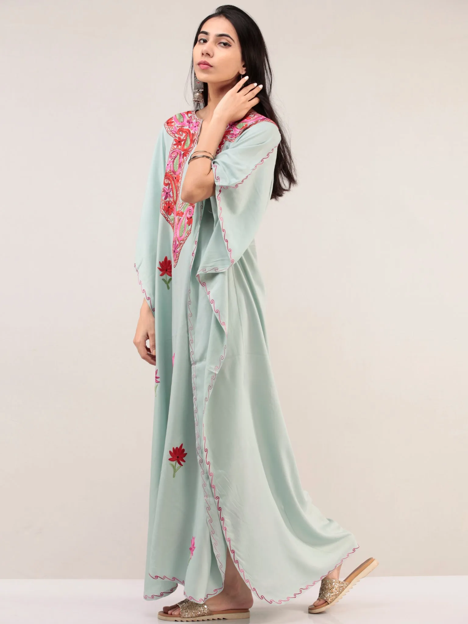 Pastel Green Aari Embroidered Kashmere Free Size Kaftan  - K12K058