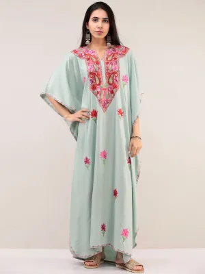 Pastel Green Aari Embroidered Kashmere Free Size Kaftan  - K12K058