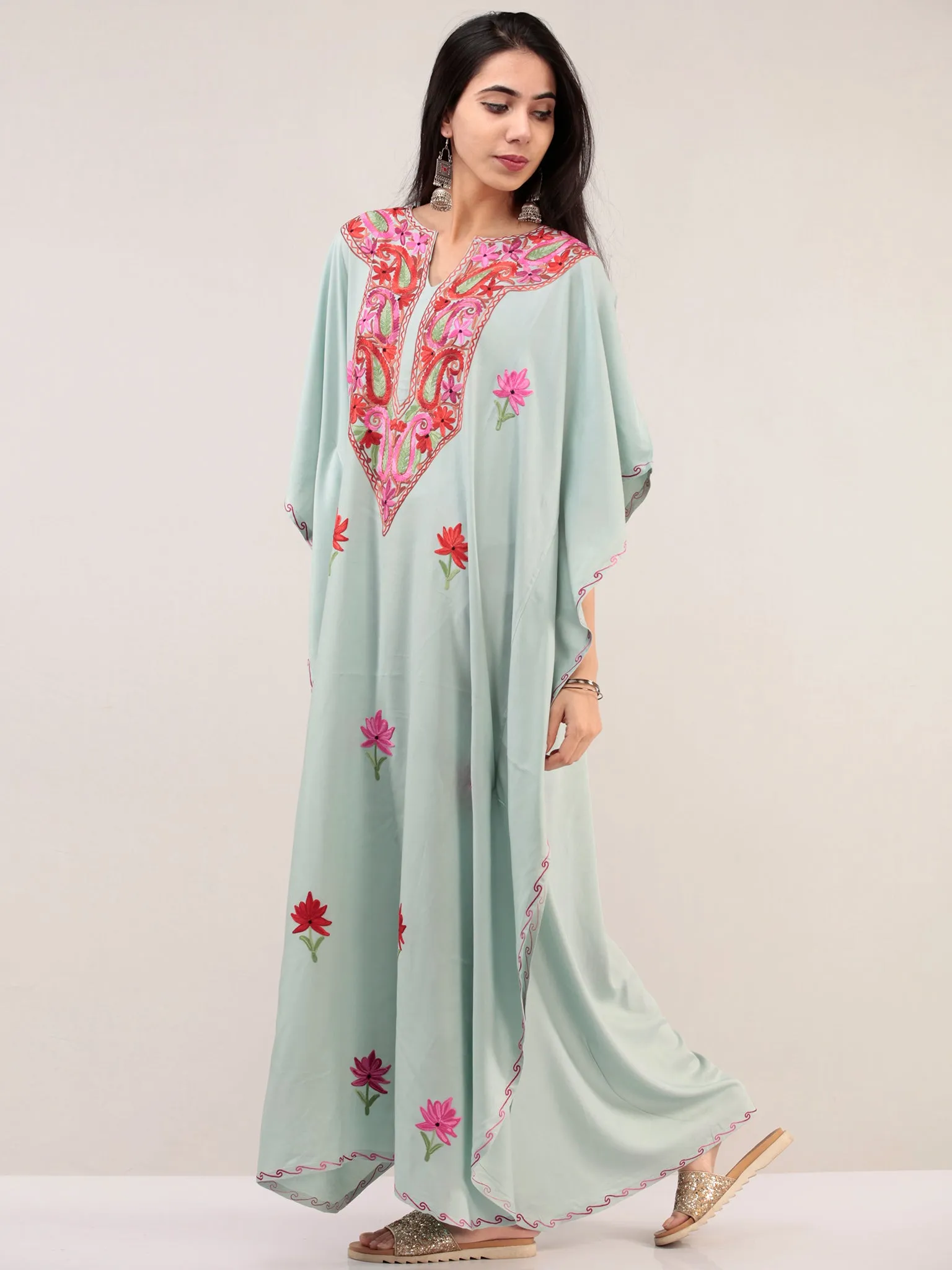 Pastel Green Aari Embroidered Kashmere Free Size Kaftan  - K12K058