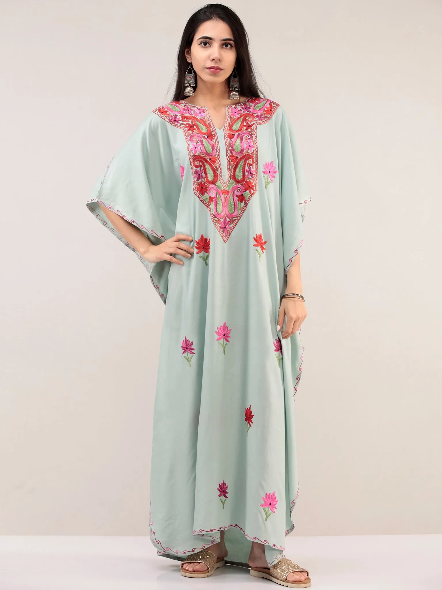 Pastel Green Aari Embroidered Kashmere Free Size Kaftan  - K12K058