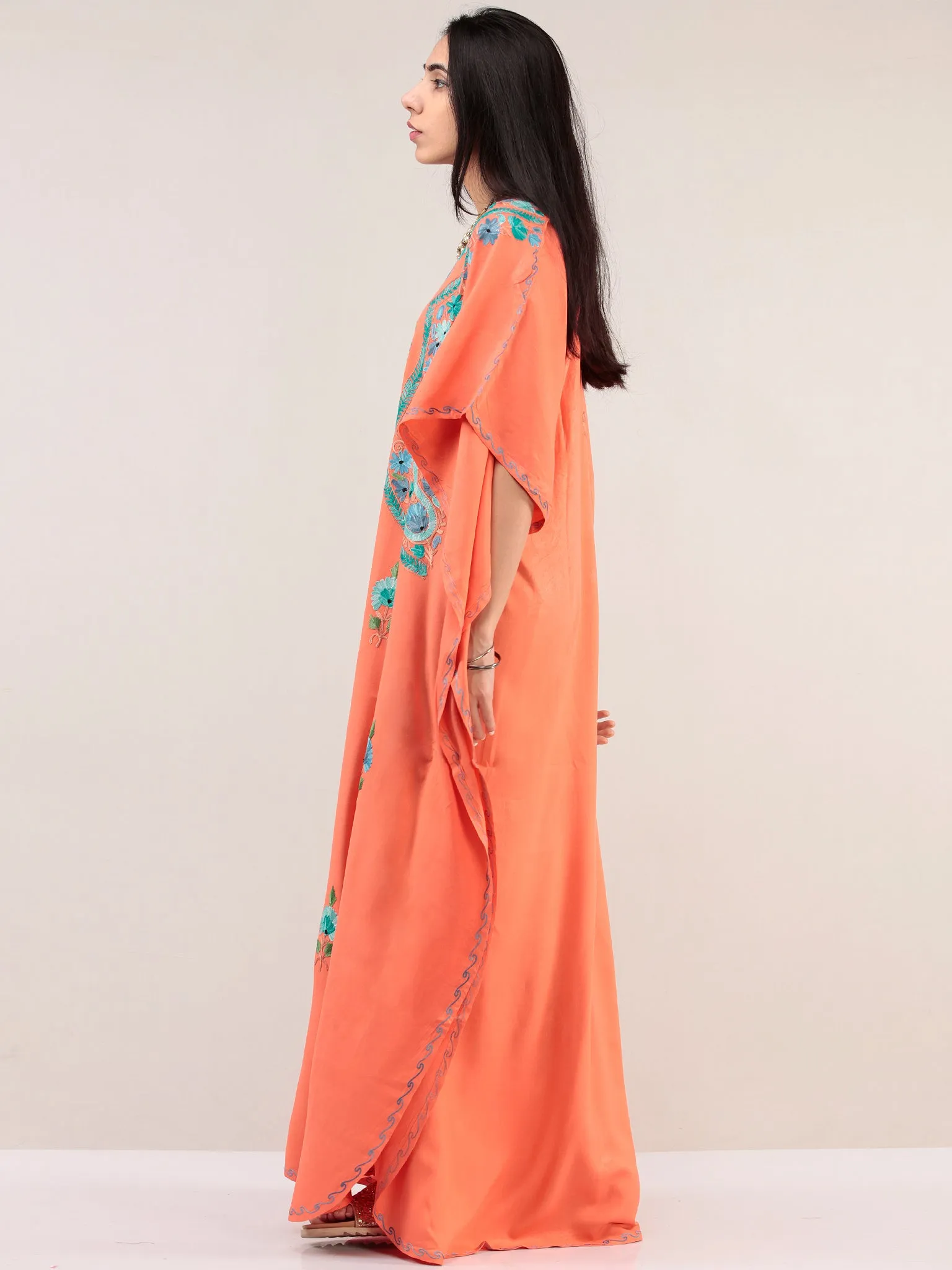 Peach Aari Embroidered Kashmere Free Size Kaftan  - K12K065