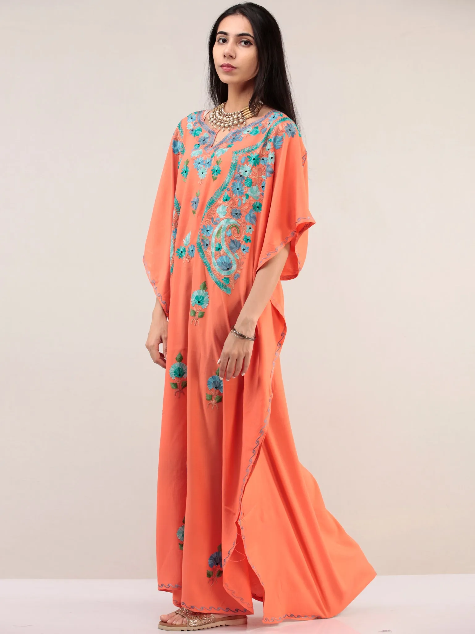 Peach Aari Embroidered Kashmere Free Size Kaftan  - K12K065