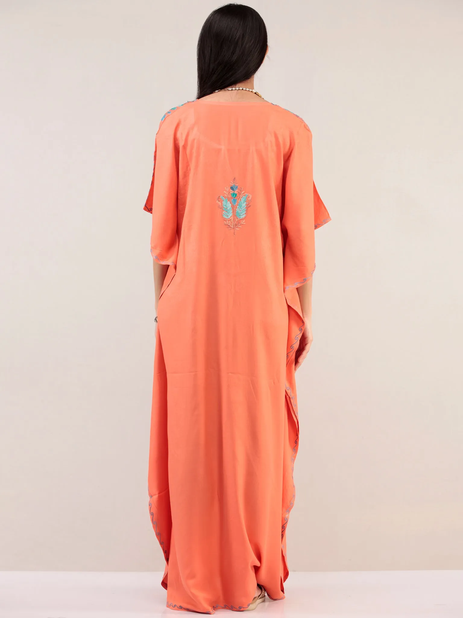 Peach Aari Embroidered Kashmere Free Size Kaftan  - K12K065