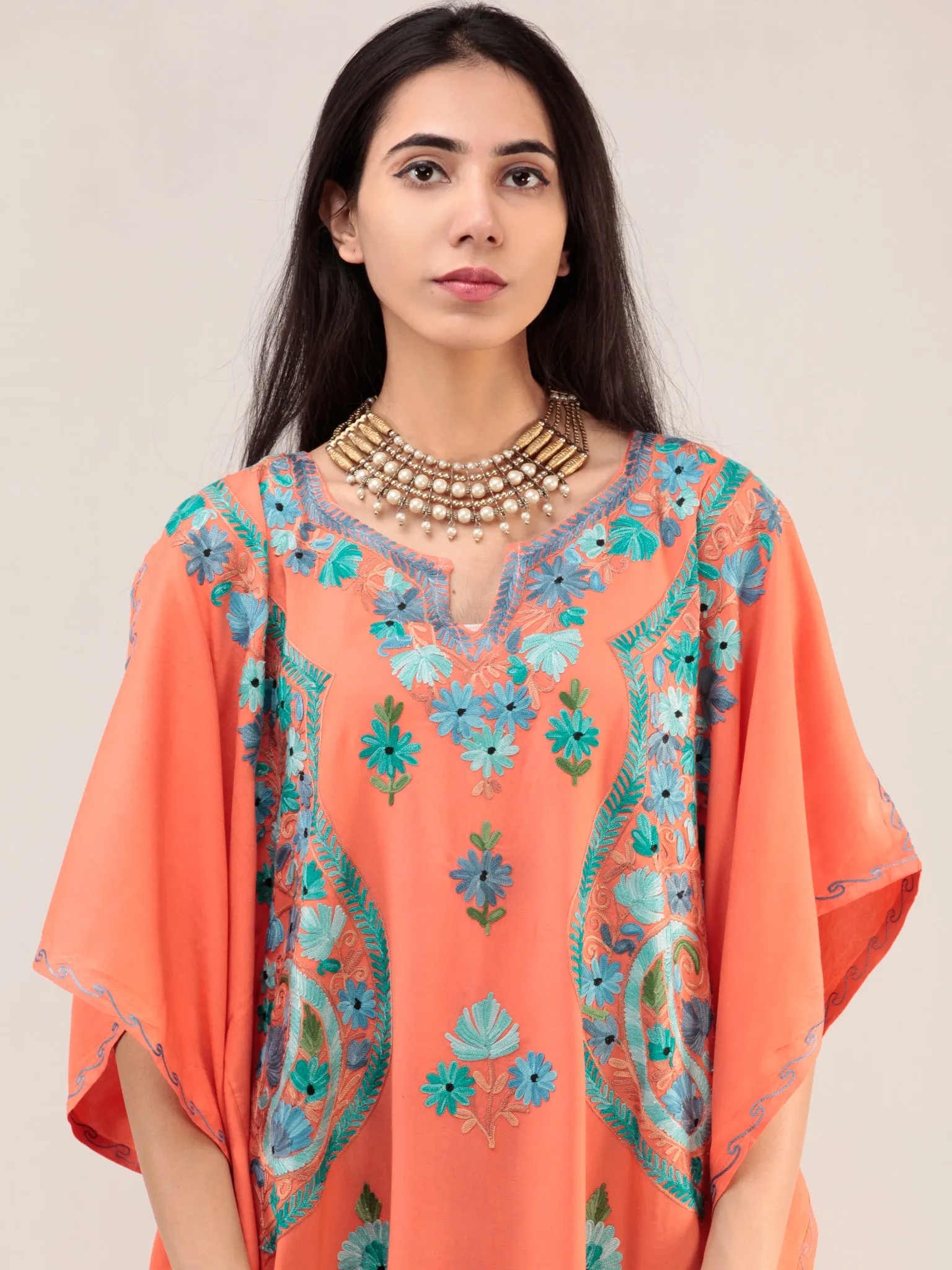 Peach Aari Embroidered Kashmere Free Size Kaftan  - K12K065