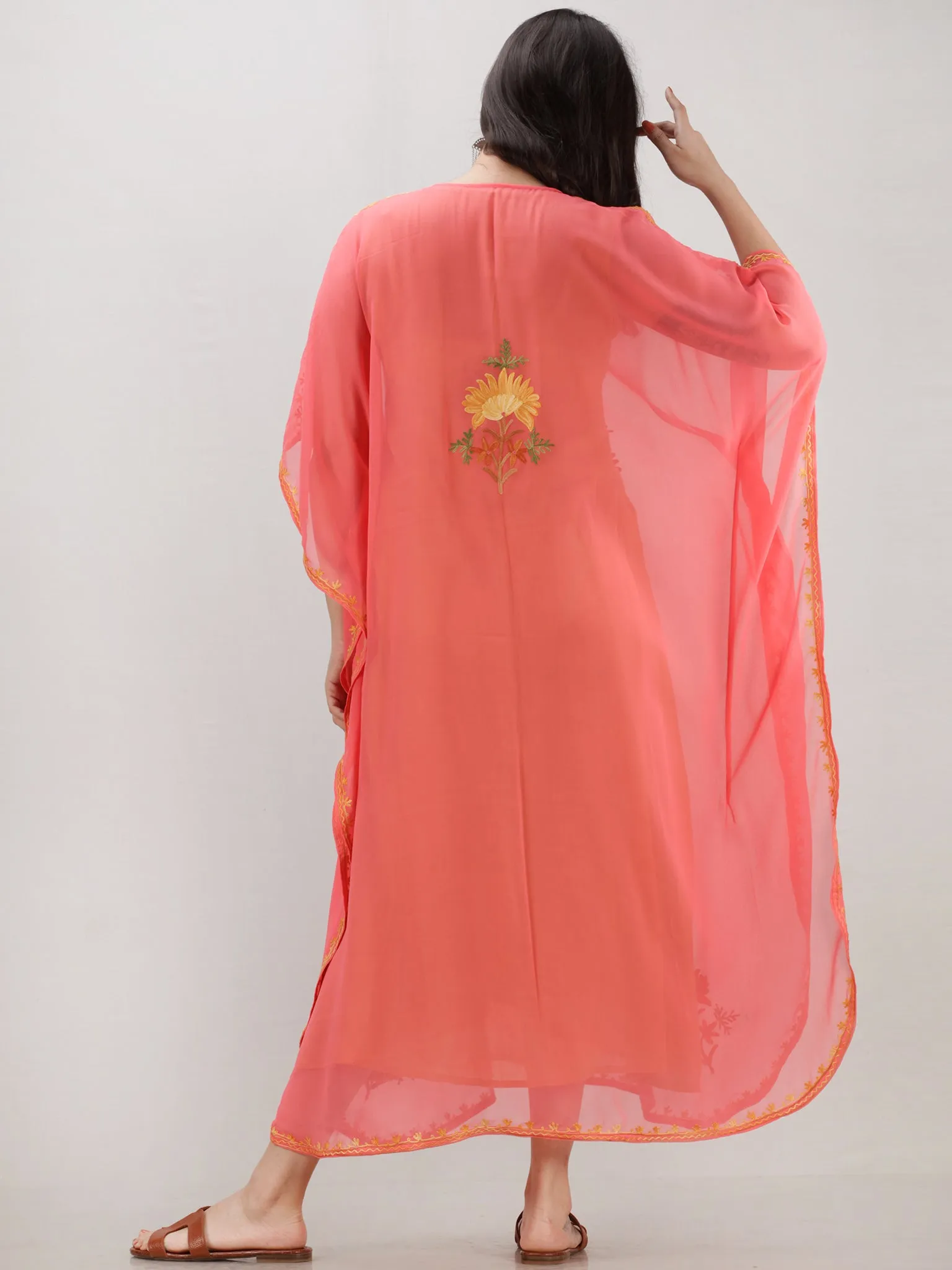 Peach Multicolor Aari Embroidered Kashmere Free Size Georgette Kaftan  - K12K015