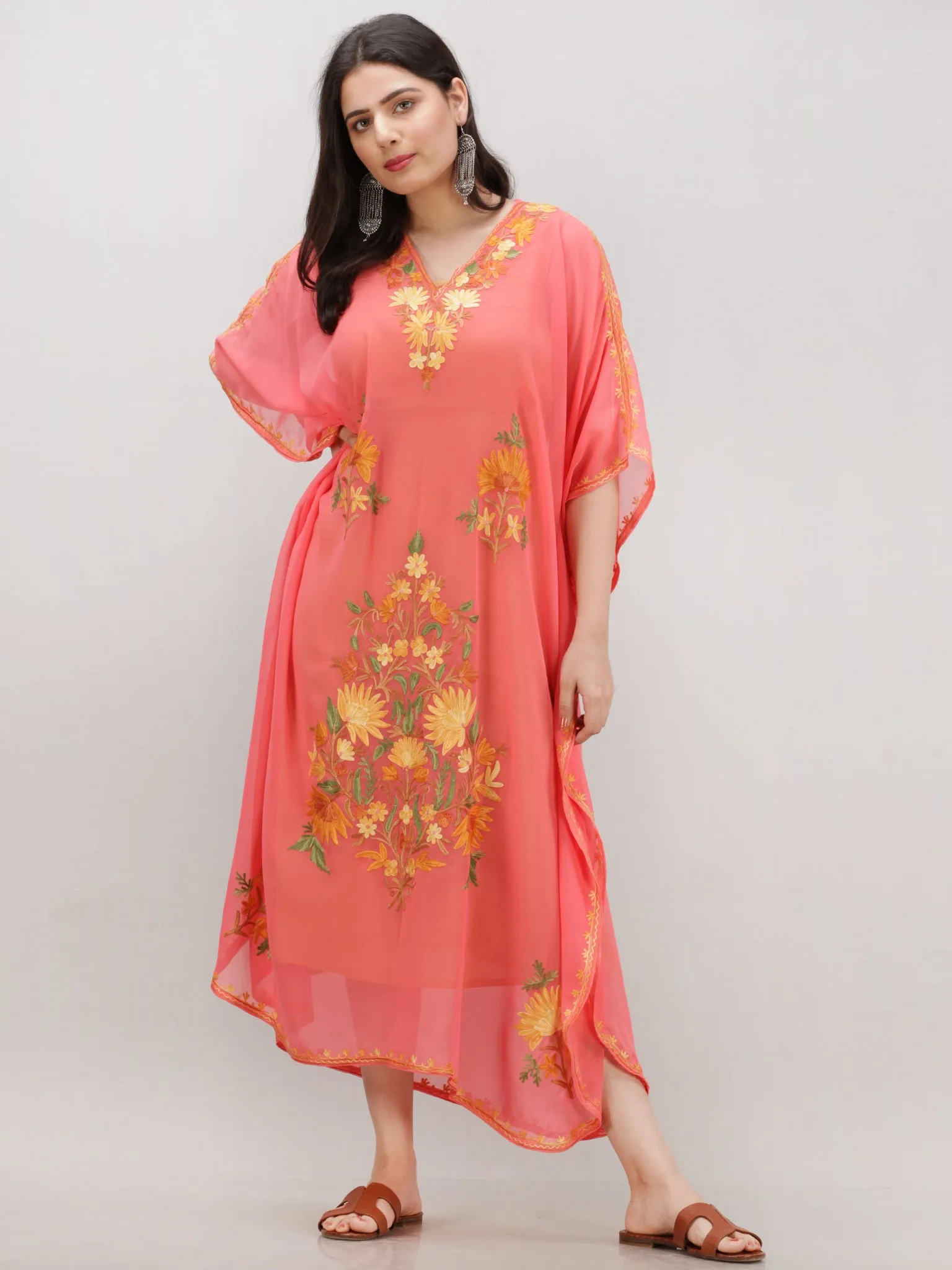 Peach Multicolor Aari Embroidered Kashmere Free Size Georgette Kaftan  - K12K015