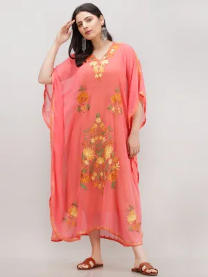 Peach Multicolor Aari Embroidered Kashmere Free Size Georgette Kaftan  - K12K015