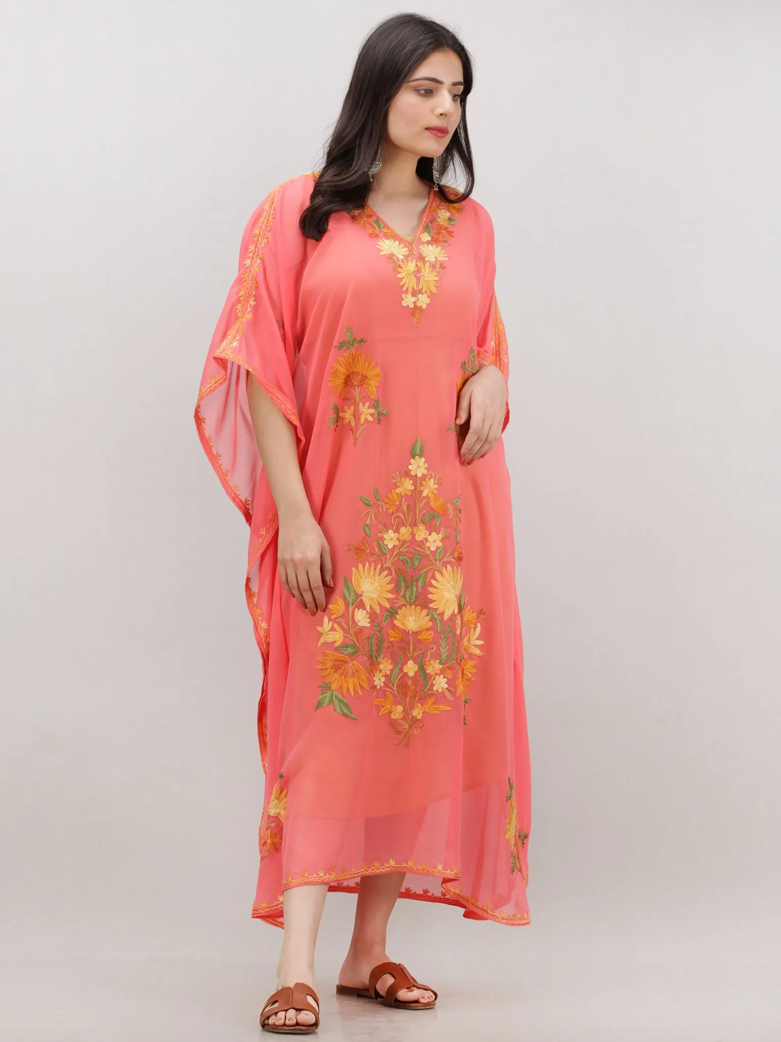 Peach Multicolor Aari Embroidered Kashmere Free Size Georgette Kaftan  - K12K015
