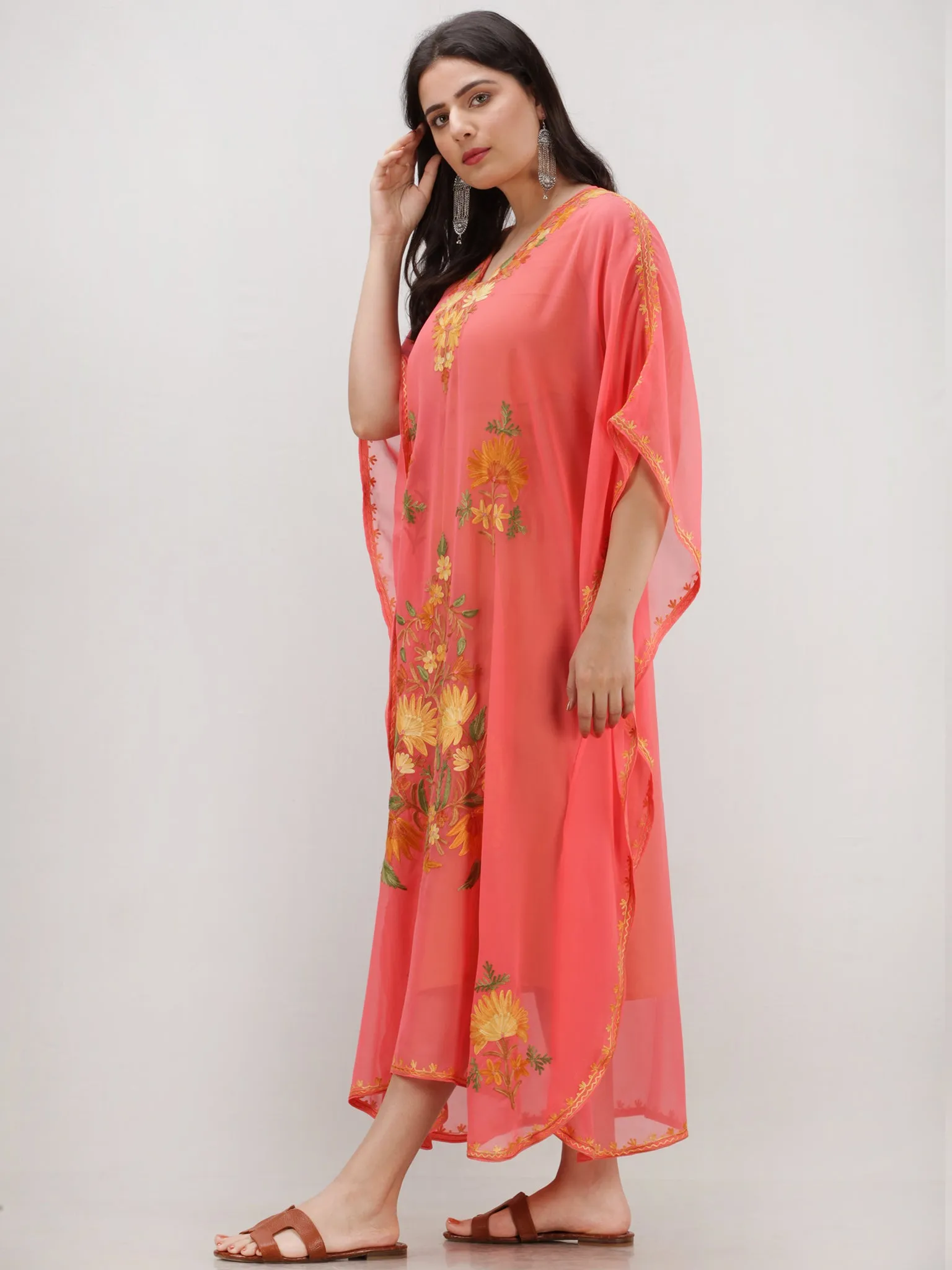 Peach Multicolor Aari Embroidered Kashmere Free Size Georgette Kaftan  - K12K015