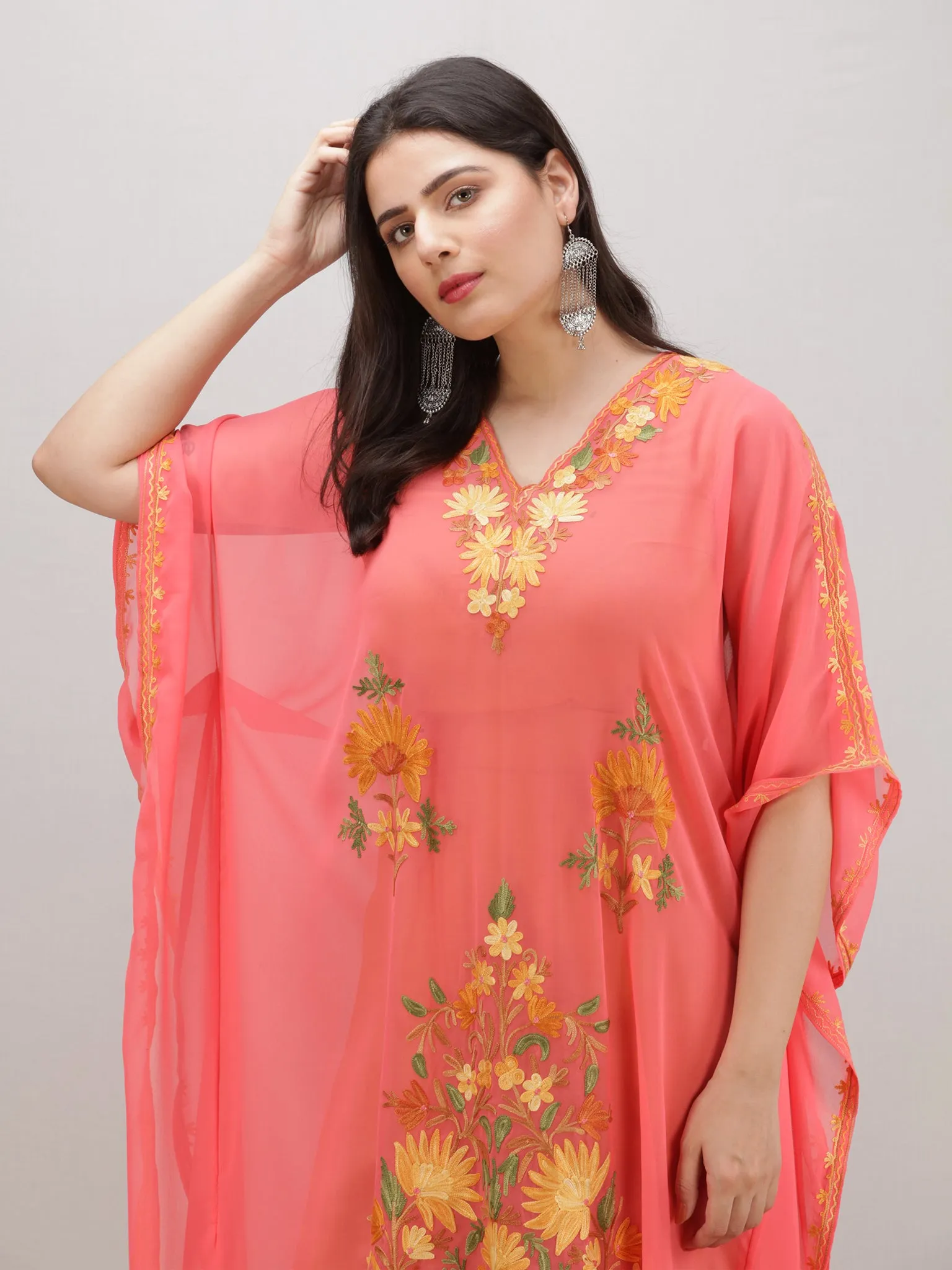 Peach Multicolor Aari Embroidered Kashmere Free Size Georgette Kaftan  - K12K015