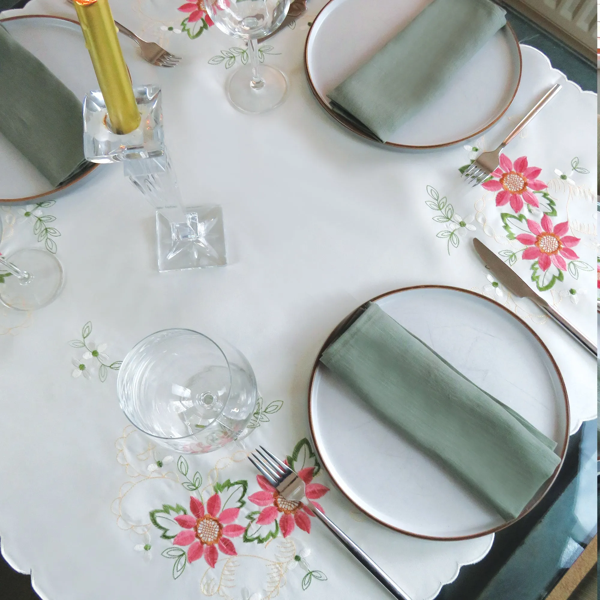 Pink Floral Embroidered Tablecloth Overlay
