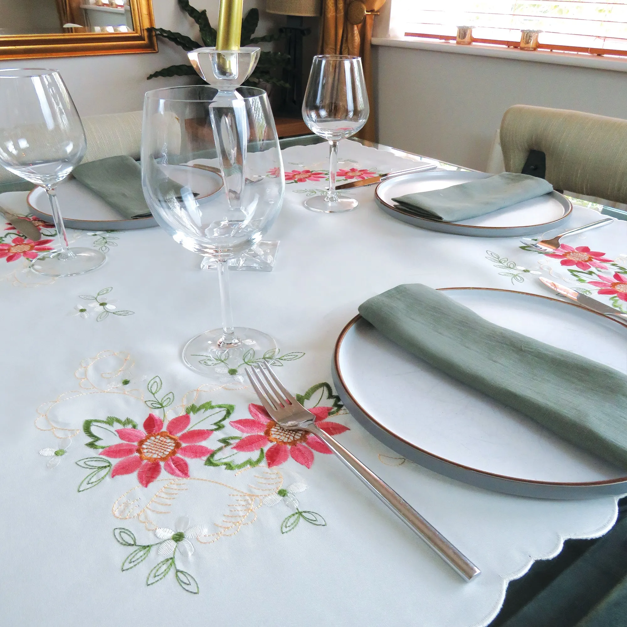 Pink Floral Embroidered Tablecloth Overlay