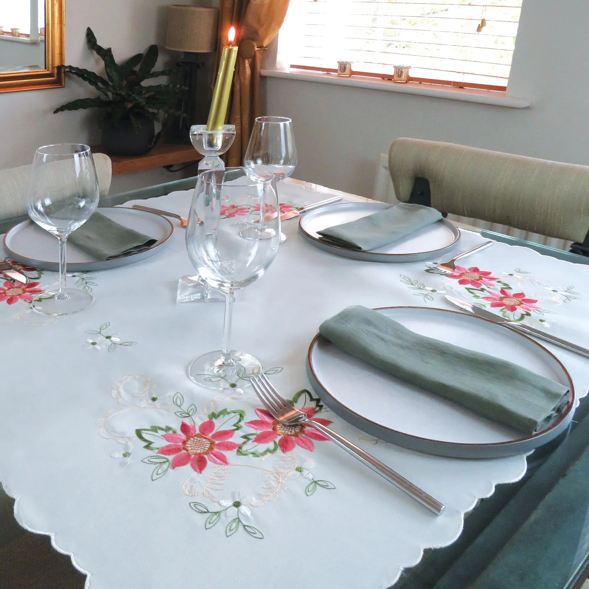 Pink Floral Embroidered Tablecloth Overlay