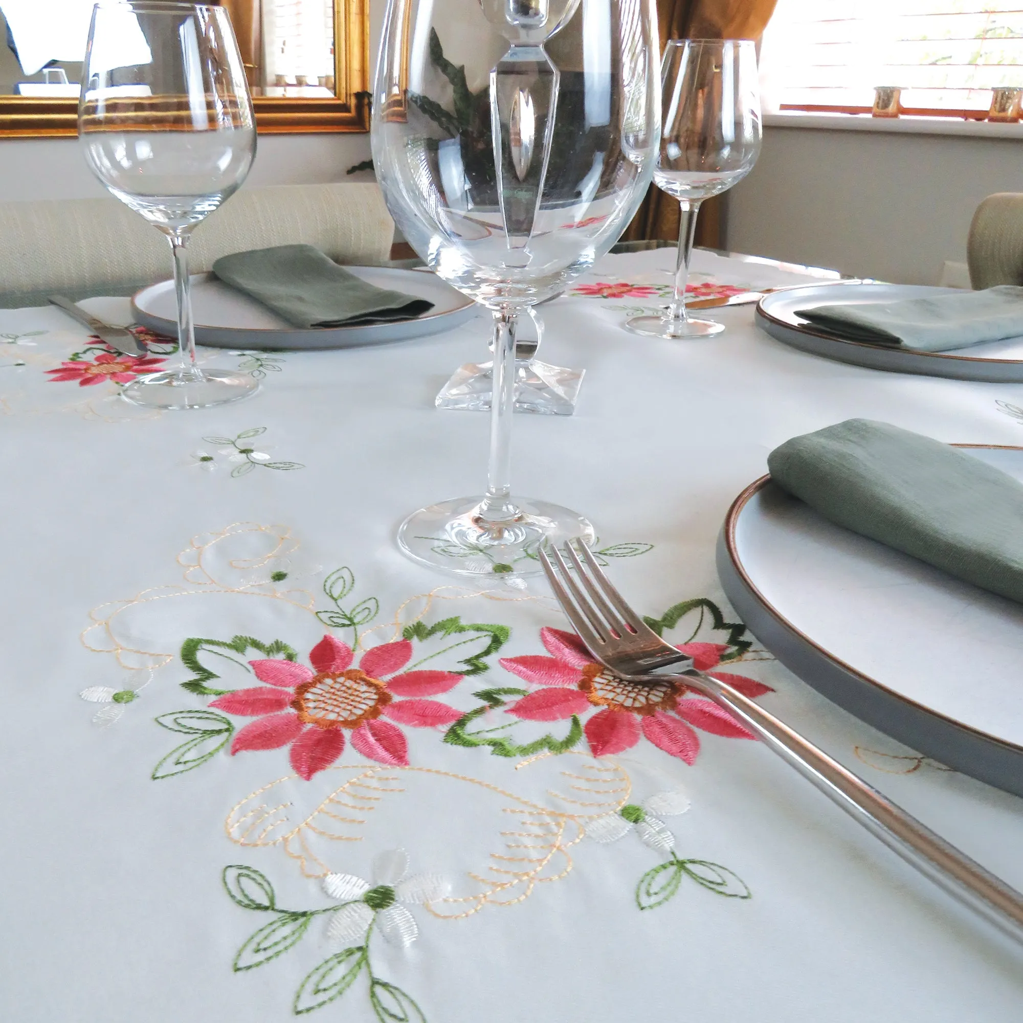 Pink Floral Embroidered Tablecloth Overlay
