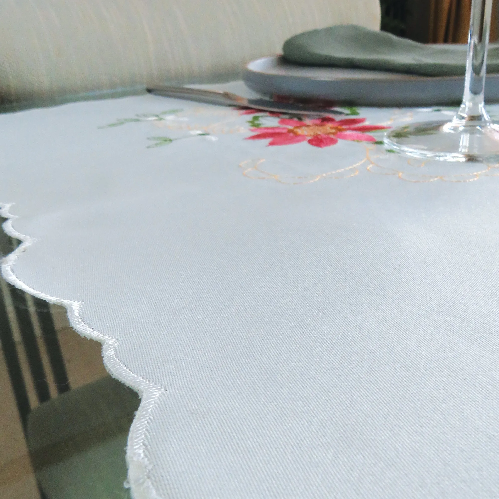 Pink Floral Embroidered Tablecloth Overlay