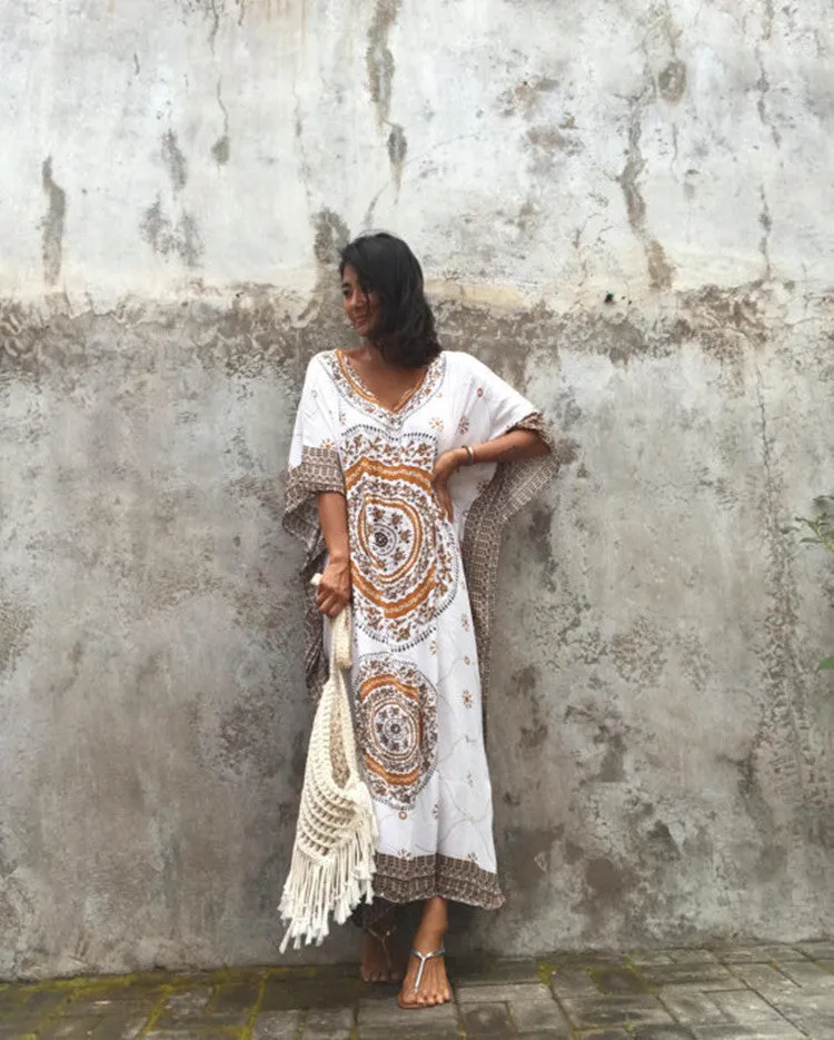 Print Plus Size V-Neck Kaftan Swimsuit Cover Up for Women