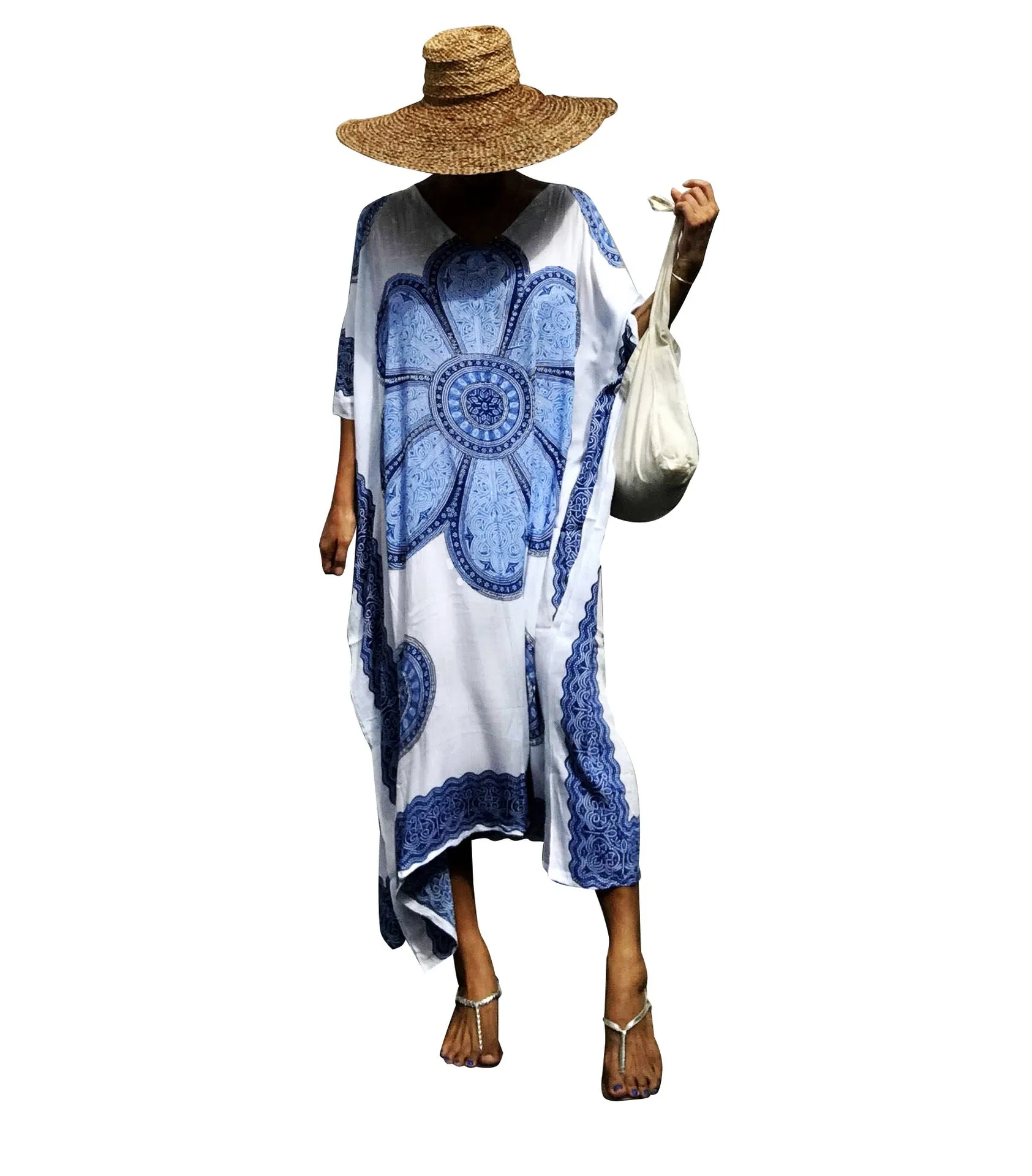 Print Plus Size V-Neck Kaftan Swimsuit Cover Up for Women