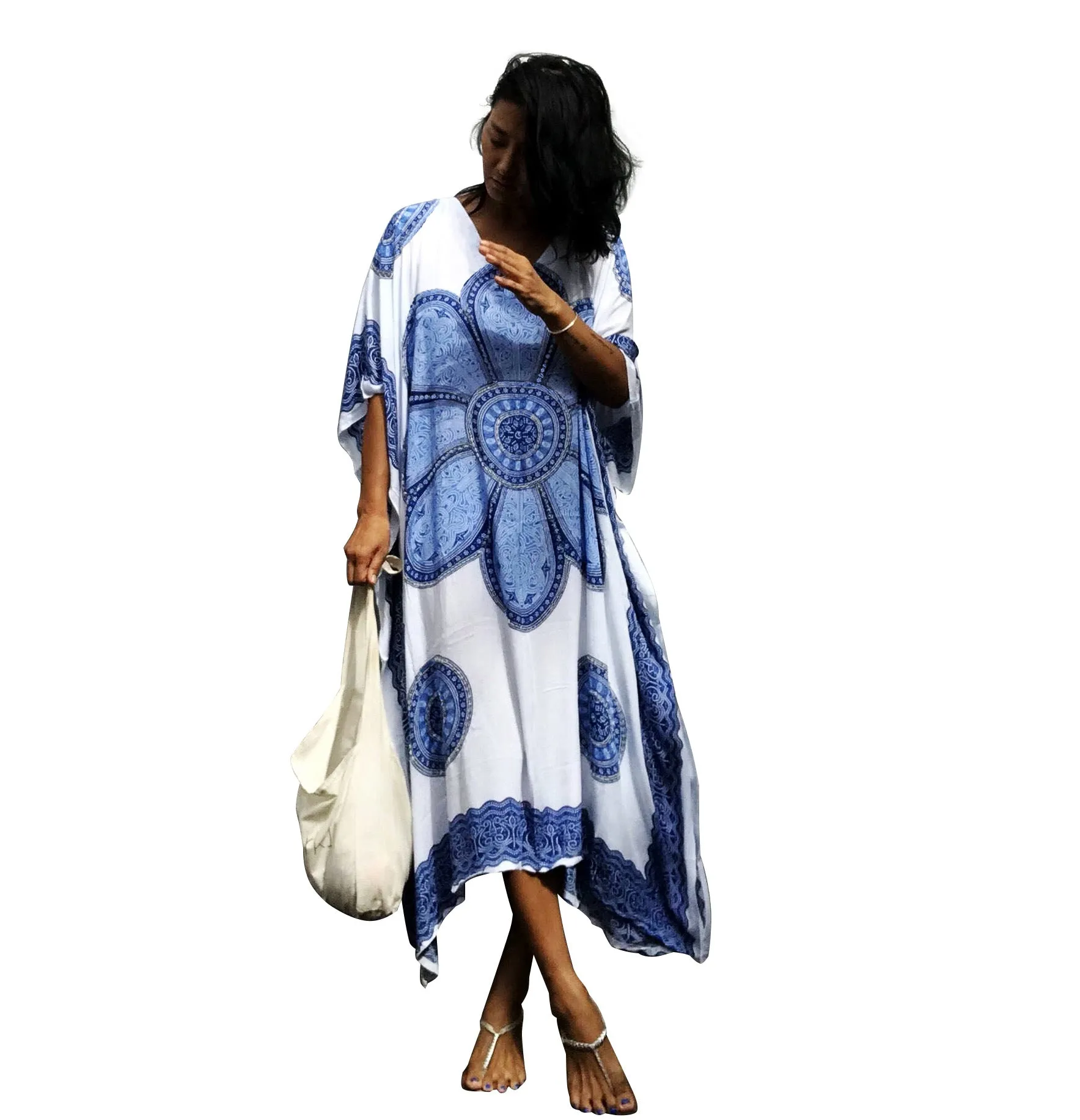 Print Plus Size V-Neck Kaftan Swimsuit Cover Up for Women