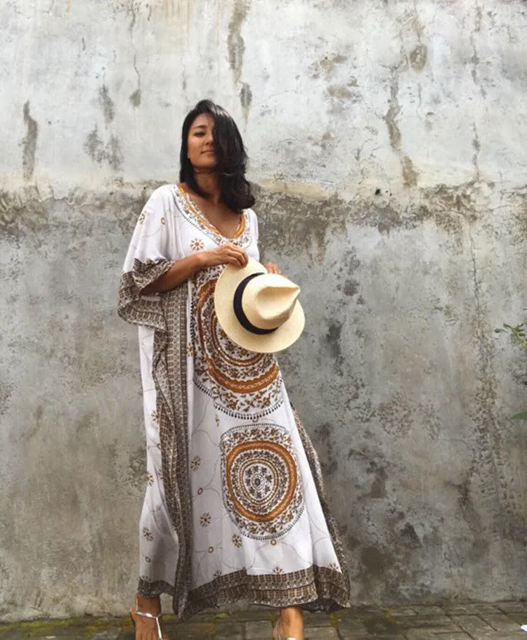 Print Plus Size V-Neck Kaftan Swimsuit Cover Up for Women