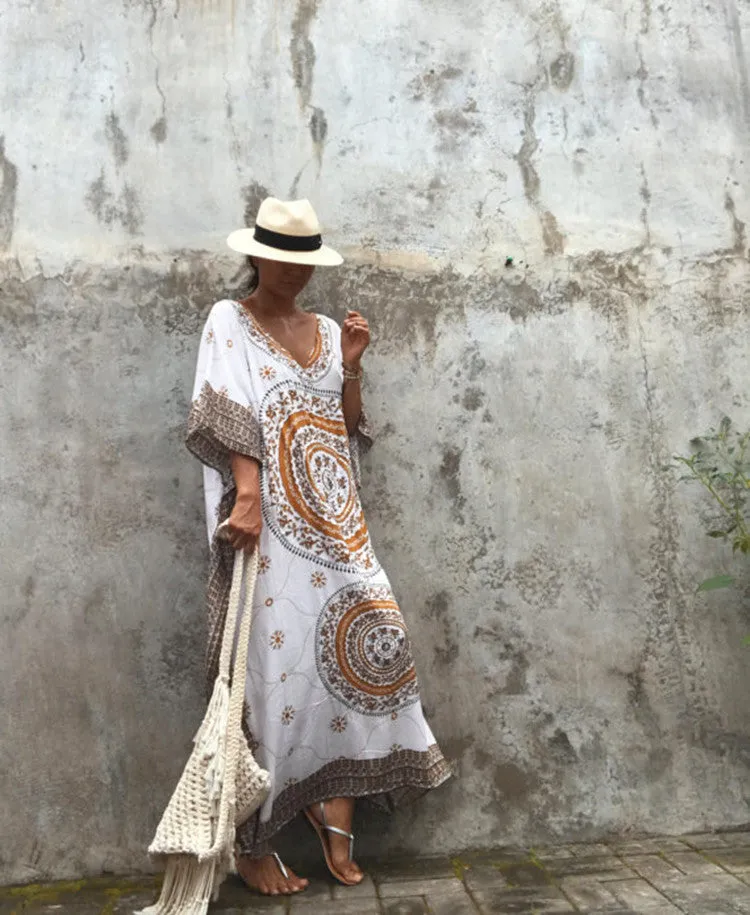 Print Plus Size V-Neck Kaftan Swimsuit Cover Up for Women