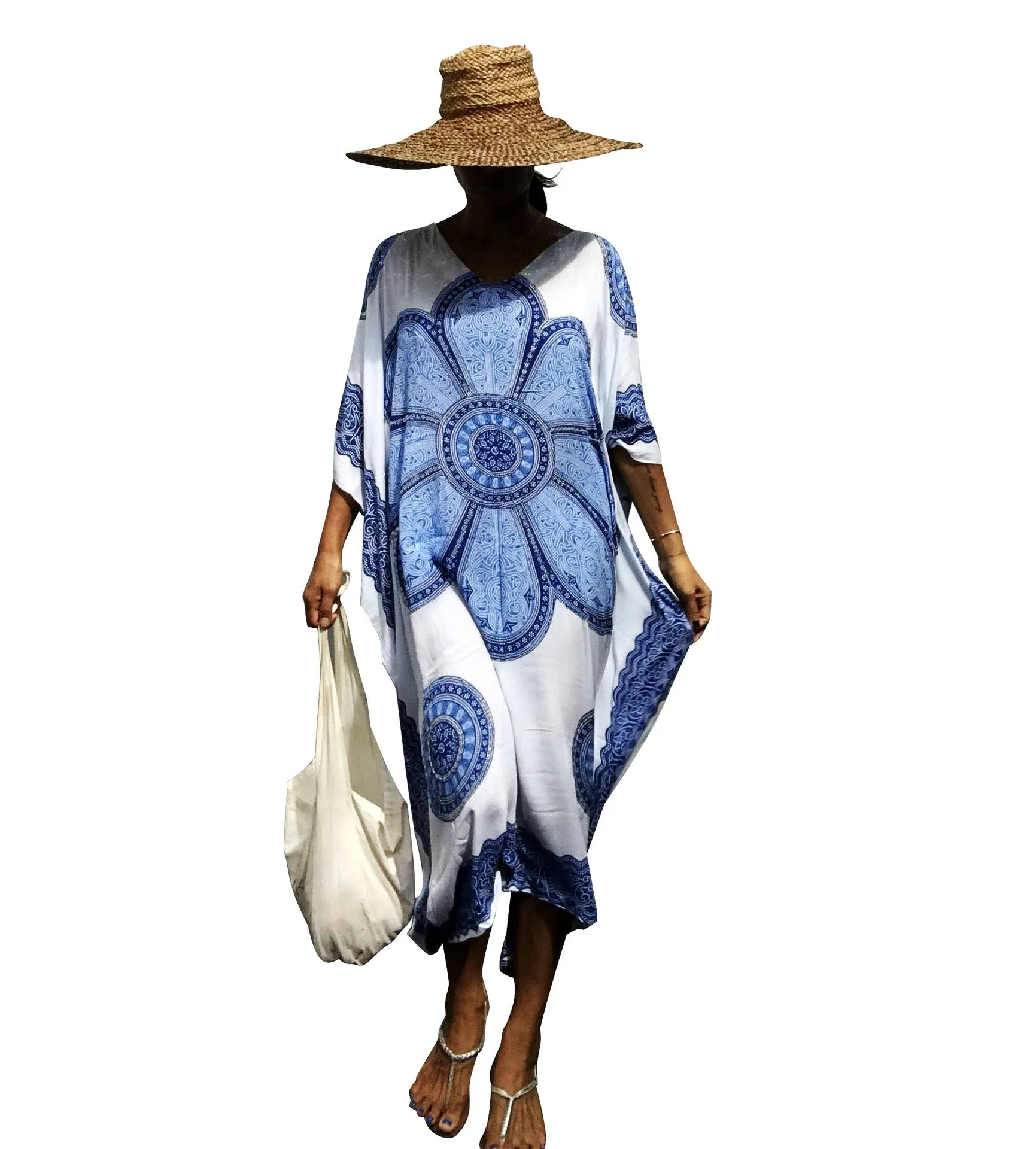 Print Plus Size V-Neck Kaftan Swimsuit Cover Up for Women
