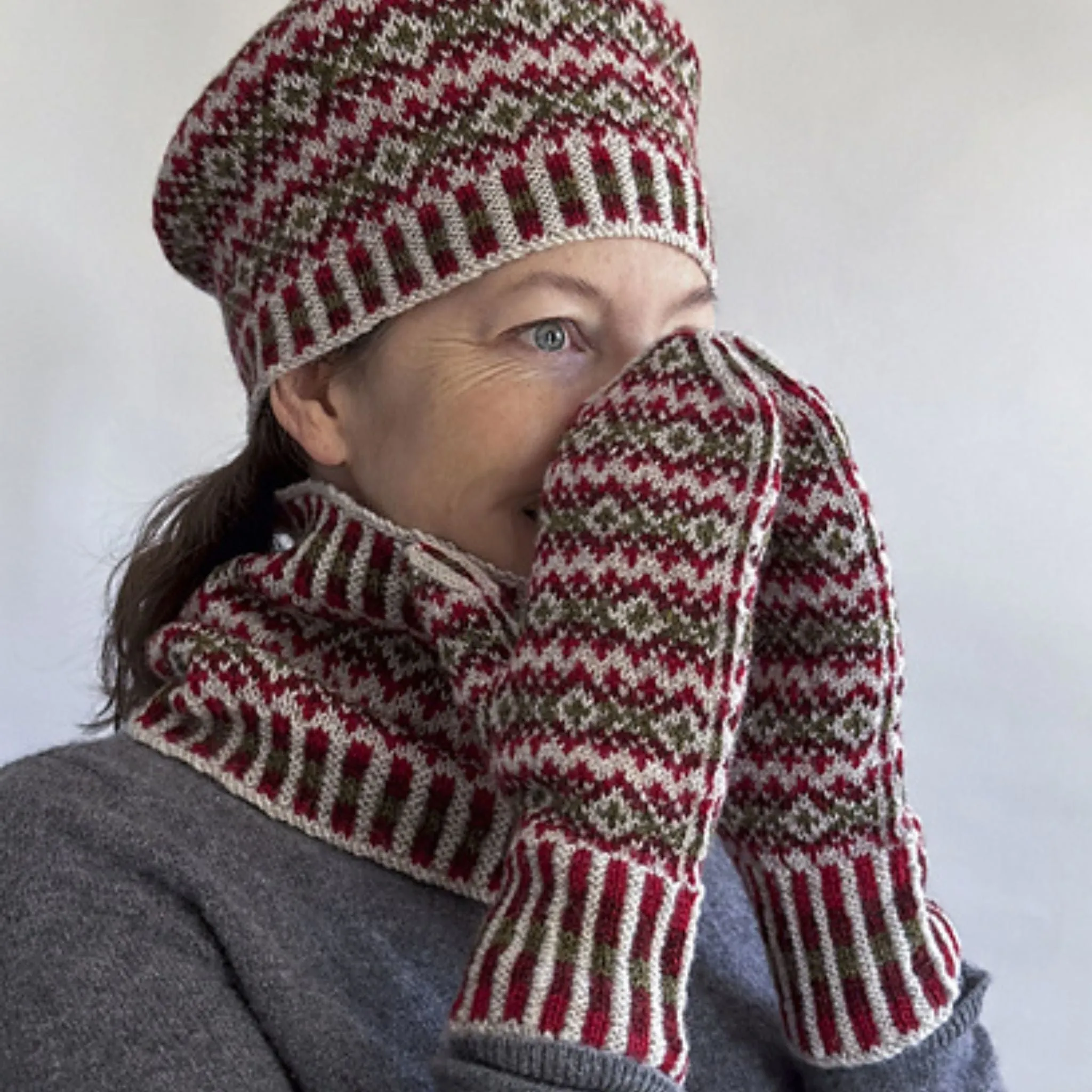 Rhus Hat, Cowl, and Mittens by Virginia Sattler-Reimer in Finullgarn
