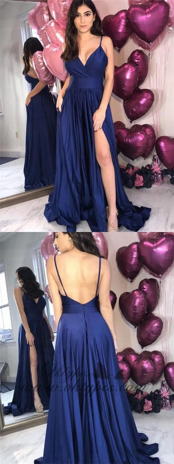 Royal Blue Spaghetti Strap A Line Side Slit Simple Long Bridesmaid Prom Dresses, TYP1441