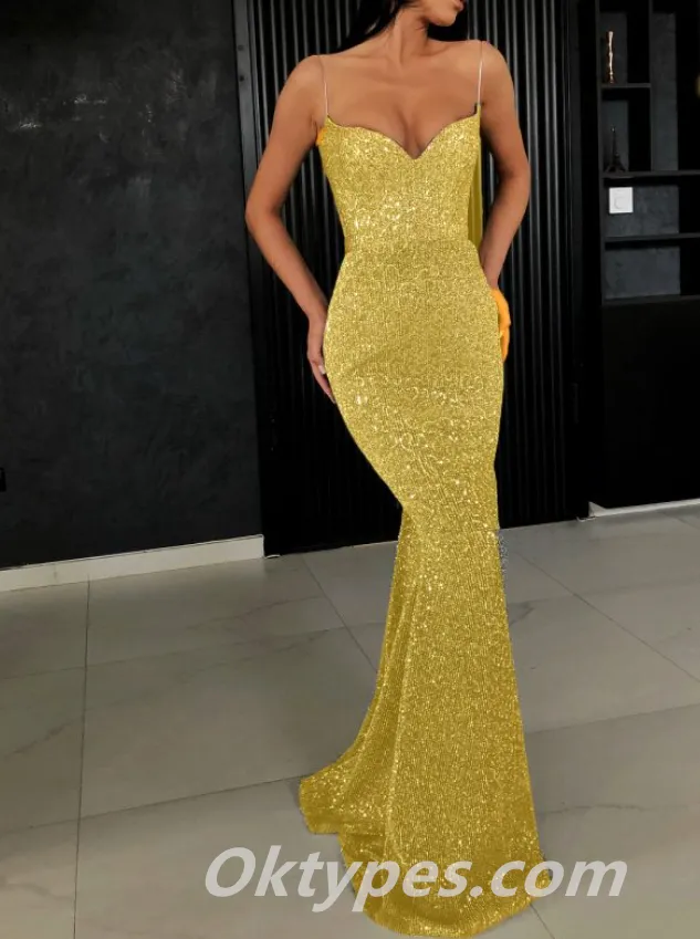 Sexy Charming Sequin Spaghetti Straps V-Neck Mermaid Long Prom Dresses ,PDS0381