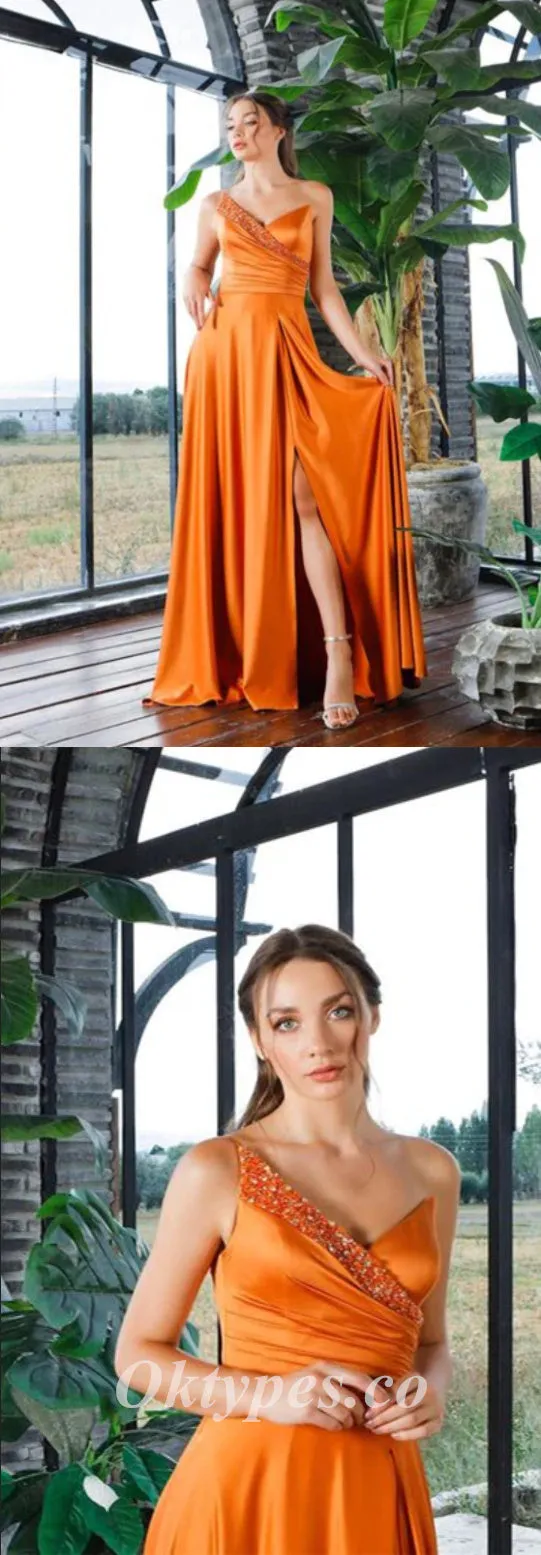 Sexy Orange Satin Sweetheart V-Neck A-Line Long Prom Dresses With Side Slit,PDS0555