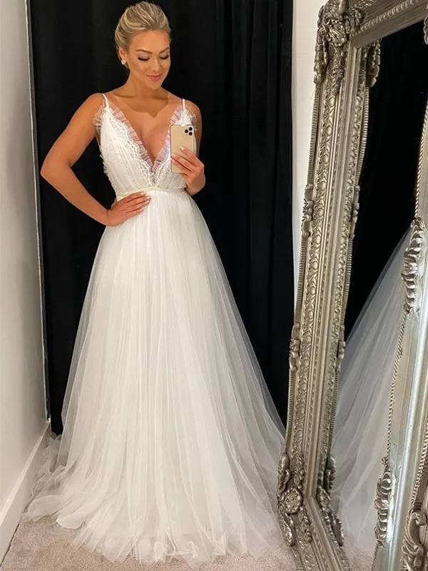 Sexy Simple Spaghetti Straps Open Back V-neck A-line Long Wedding Dress, WD3069