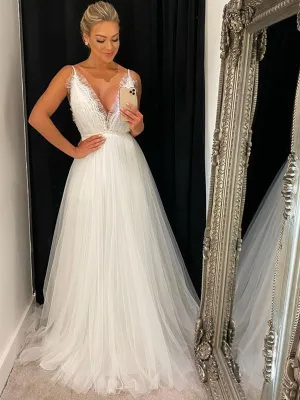 Sexy Simple Spaghetti Straps Open Back V-neck A-line Long Wedding Dress, WD3069