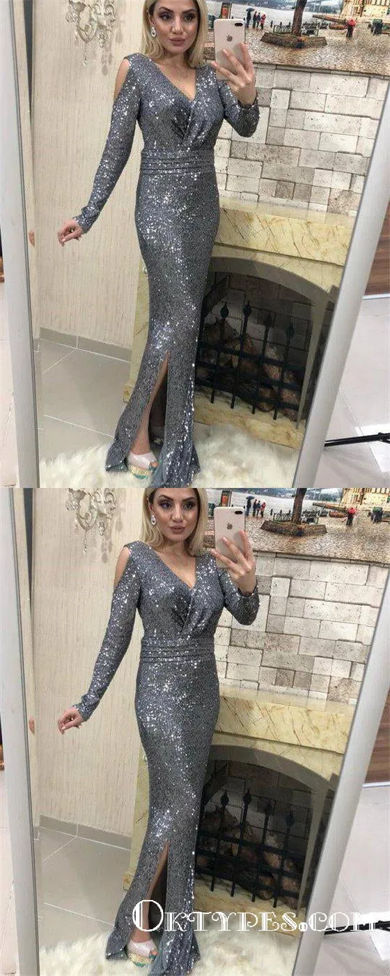 Sexy Sliver Sequin Long Sleeve V Neck Prom Dresses with Slit, TYP1843