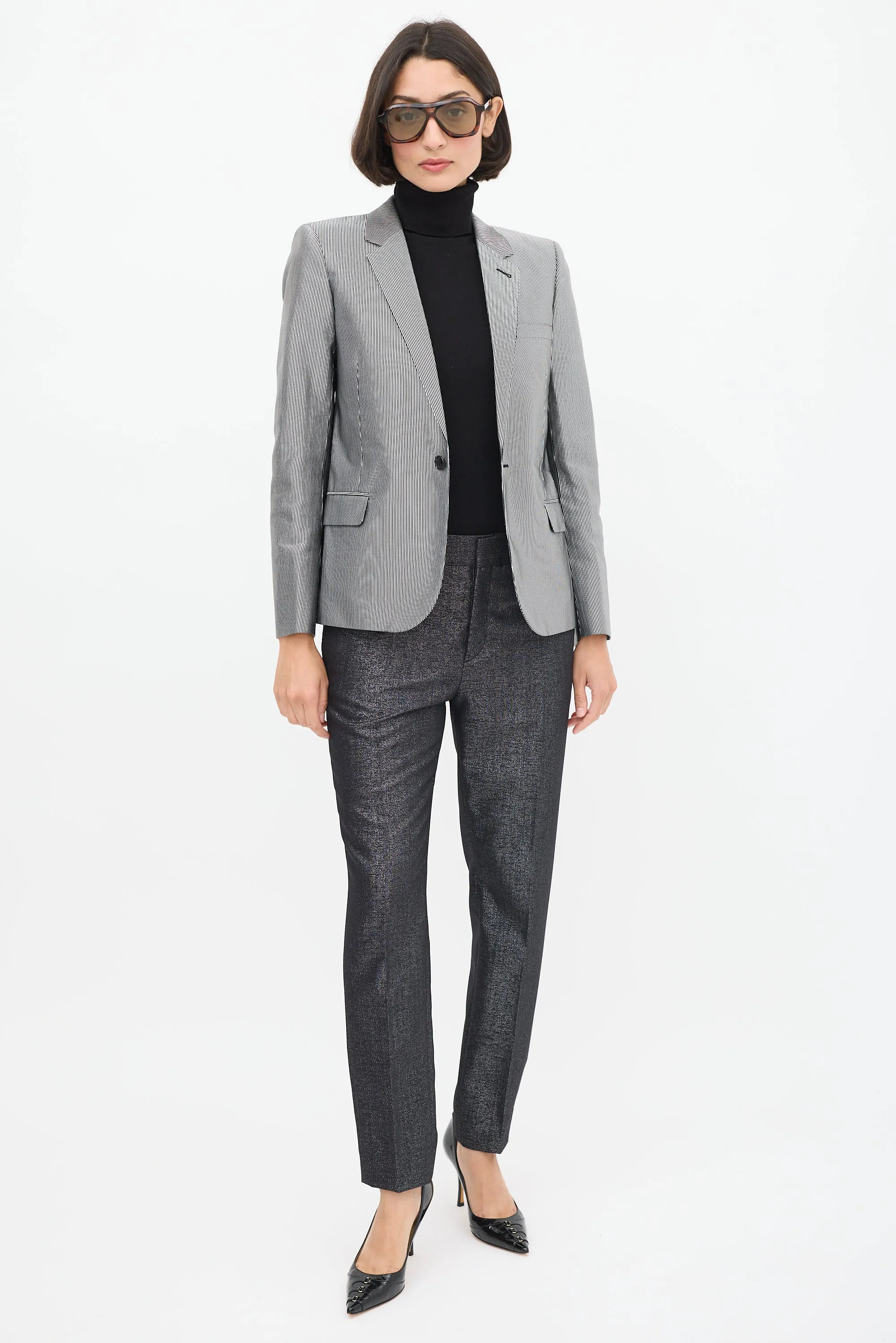 Silver & Black Striped Three Pocket Blazer